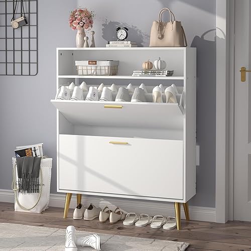 Vista 61 de JOZZBY Armario de zapatos para entrada, armario de almacenamiento de zapatos estrecho negro con 2 cajones abatibles y estantes abiertos, organizador