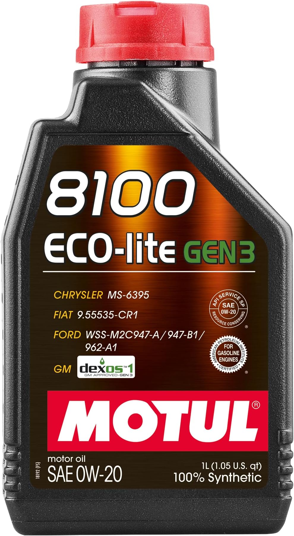 Motul 8100 ECO-lite Gen3 0W-20 Full Synthetic Motor Oil with Advanced Low-Friction Formula โ API SP & dexos1 Gen3 Approved for GM, Ford, Chrysler & Modern Engine Applications โ 1 Liter