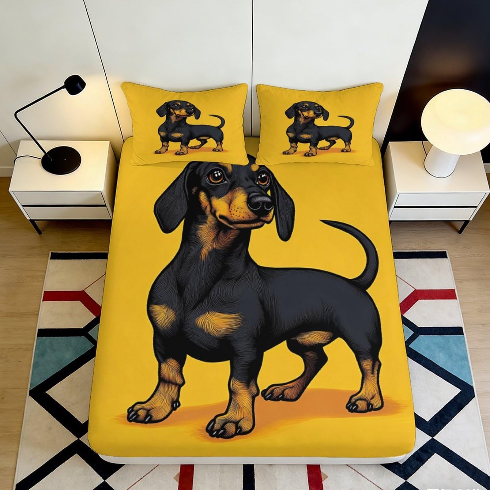 3D Printed Dachshund Fitted Sheet Microfiber Soft Durable Yellow Bed Cover with Dog Print Mattress Cover for Bedroom Dorm Dormitory Guest Room 200x200x25cm