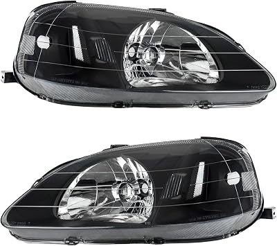 Headlight Assembly, Black Housing with Clear Lens and Reflector, Compatible with 1999-2000 Civic, OE-Style Replacement Headlights