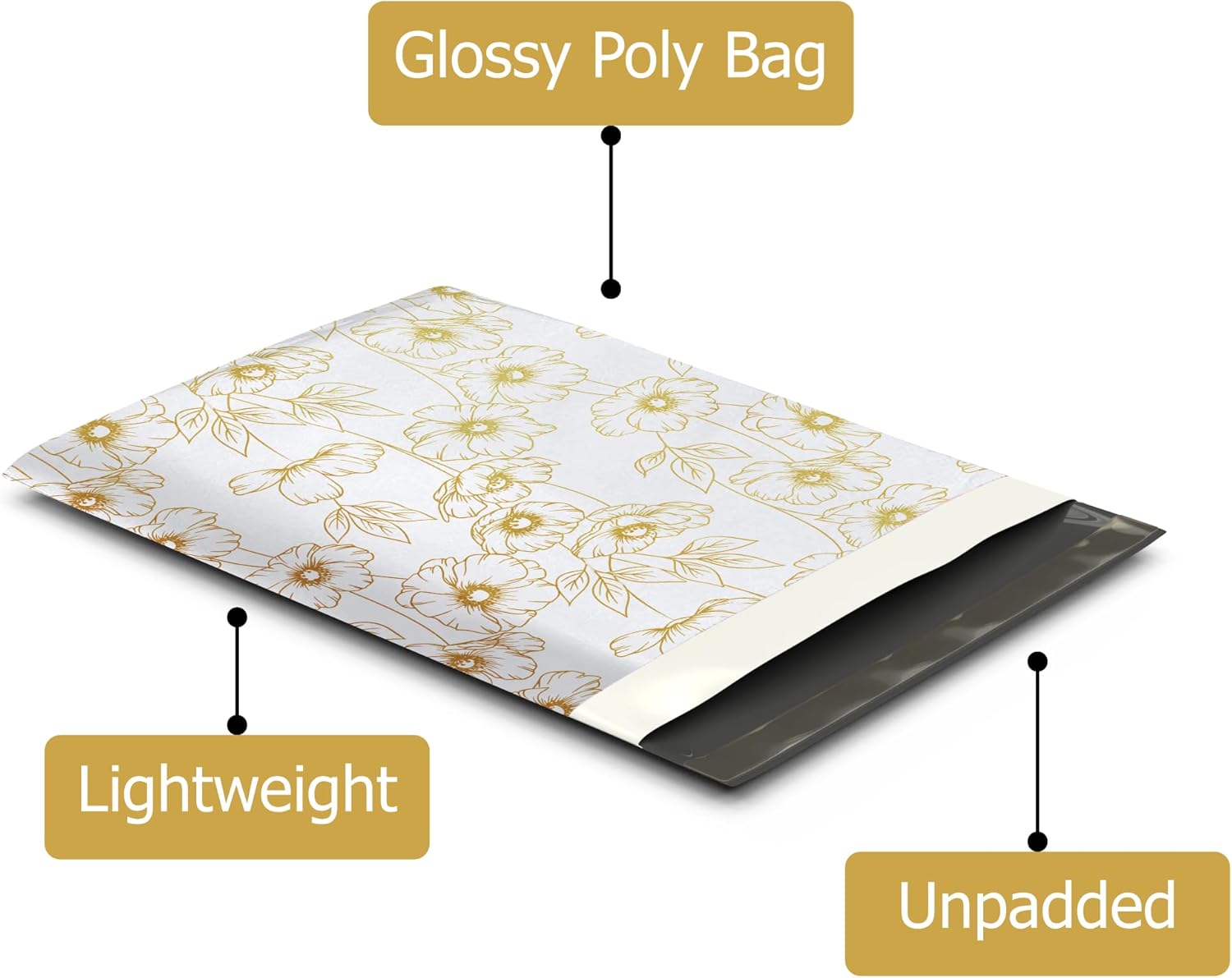 10x13 (100) Gold Floral Summer Designer Poly Mailers Waterproof Self Sealing Tear Resistant Polymailers Shipping Envelopes Premium Printed Bags For Small Businesses
