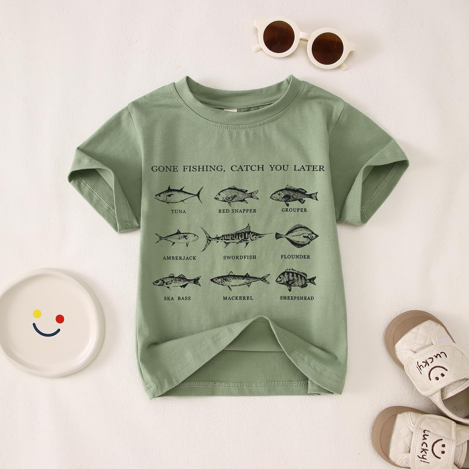 MODNTOGA Toddler Boy Gone Fishing Shirt Funny Fish Print T-Shirt Kids Baby Fish Graphic Tee Tops Short Sleeve Summer Outfit