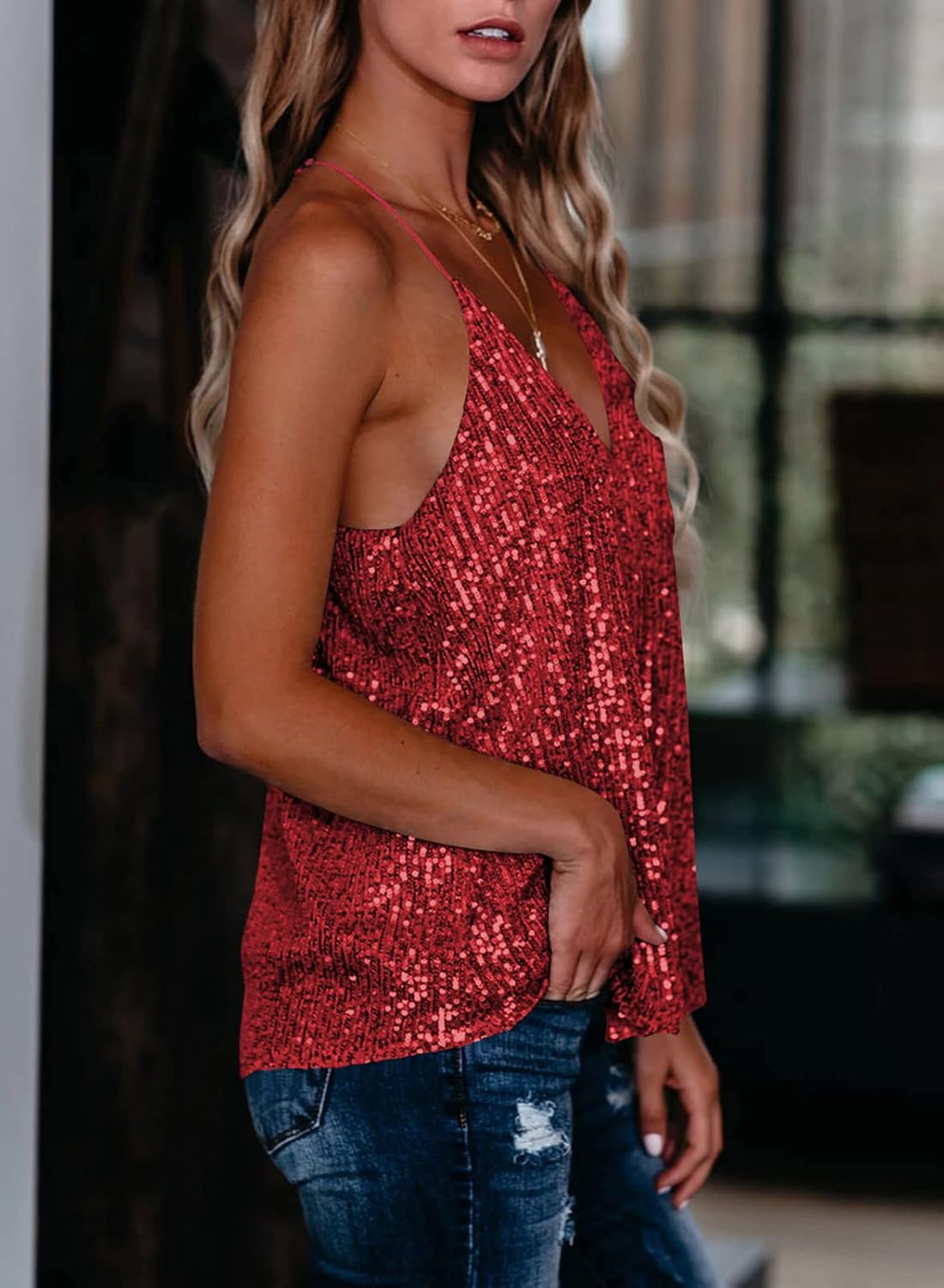 miduo Womens Tank Tops Casual Fashion V Neck Strappy Sequin Sparkle Shimmer Camisole Sleeveless Tanks Tops - Image 4