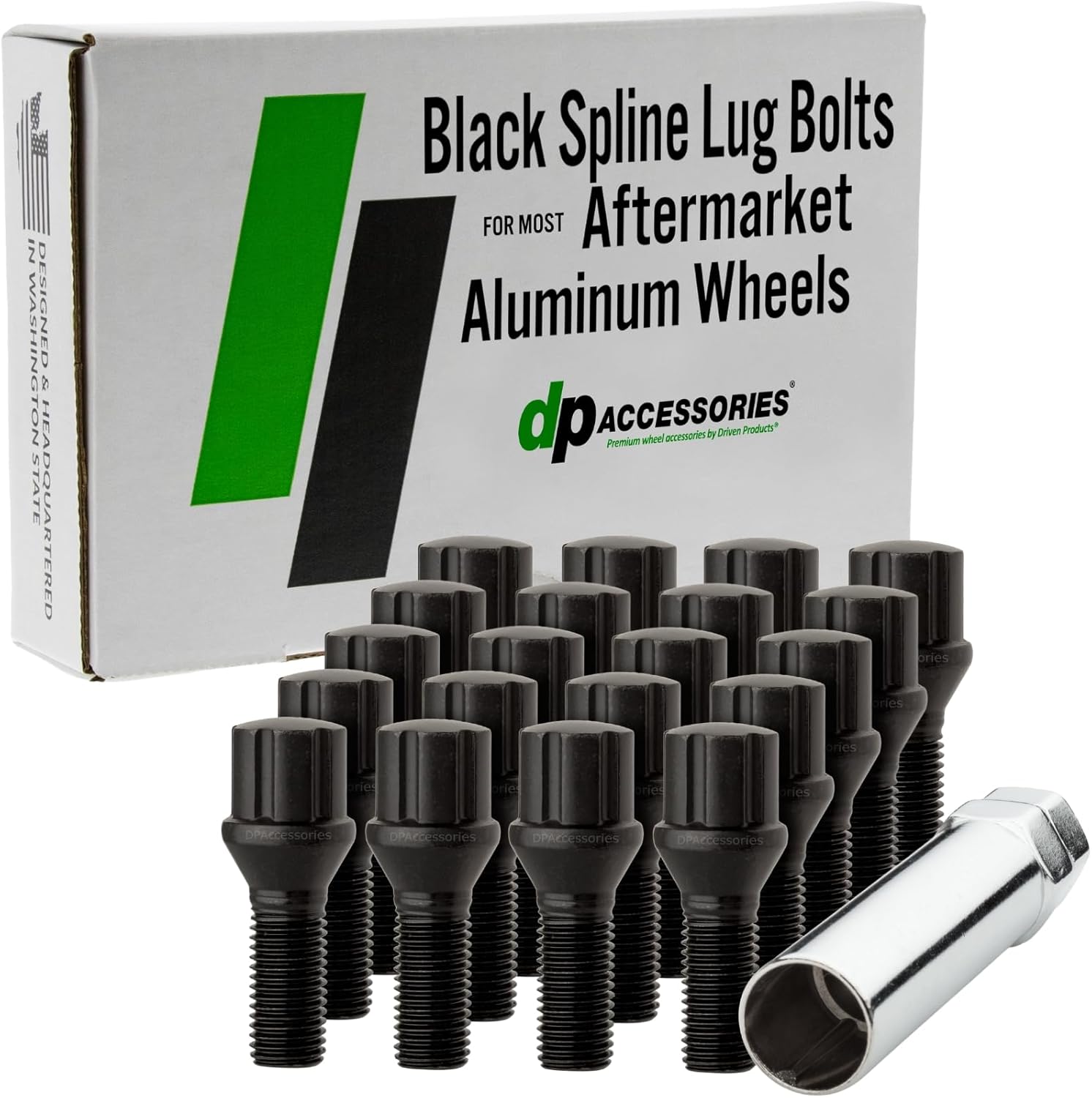 DPAccessories Lug Bolts Compatible with 2014-2023 Jeep Cherokee | Black Spline Style | for Aftermarket Aluminum Wheels Only | Set of 20 Wheel Bolts & 1 Tool | DJECHE05A-BK/1