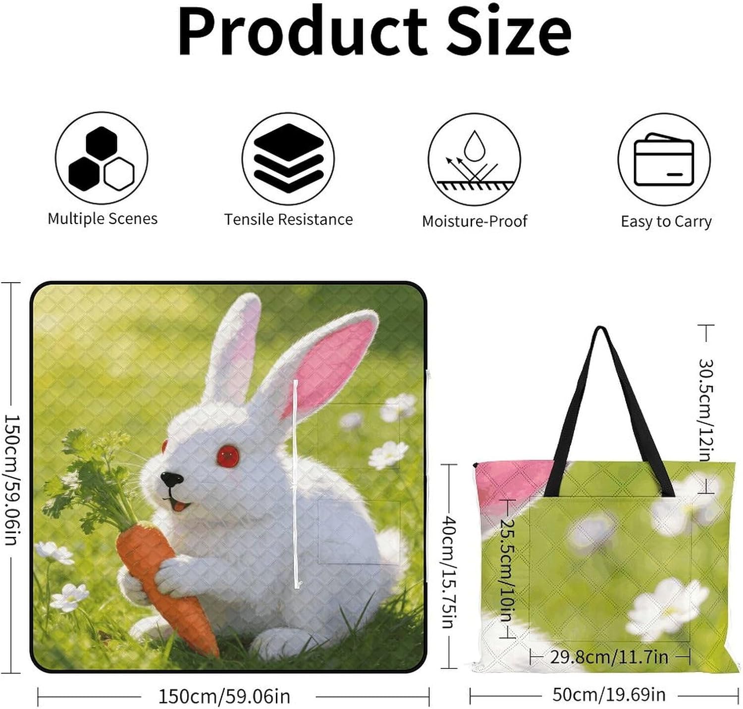 Rabbit Picnic Blanket with Zipper Water Resistant Sand Free Picnic Mat Washable Foldable Easy Carry Beach Blanket for Lawn Beach Hiking Camping