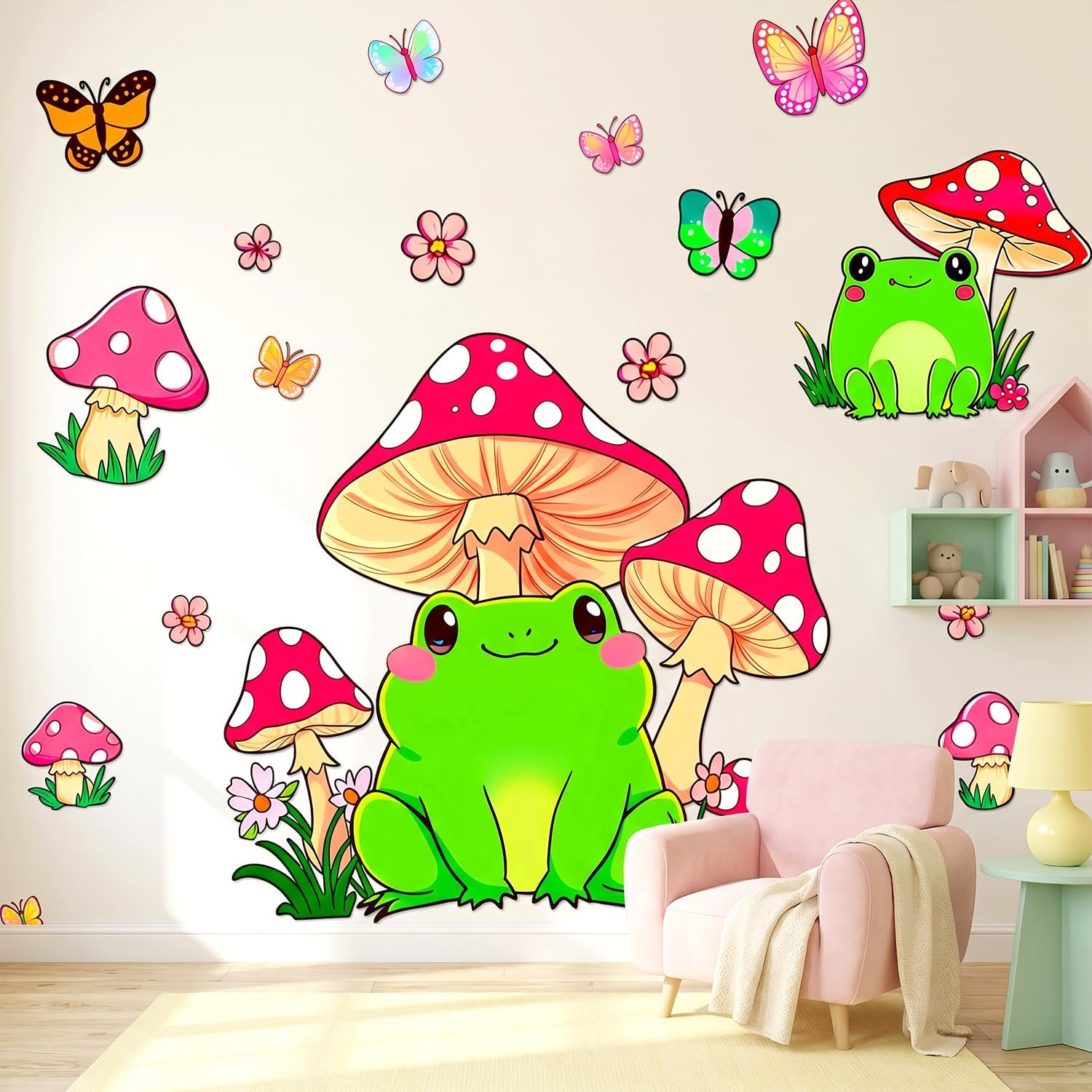 Cartoon Frog Mushroom Butterfly Peel and Stick Wall Decals Decor Stickers | Adorable forest themed wall art, butterflies small flowers, removable vinyl decor for nursery, kids bedroom, preschool