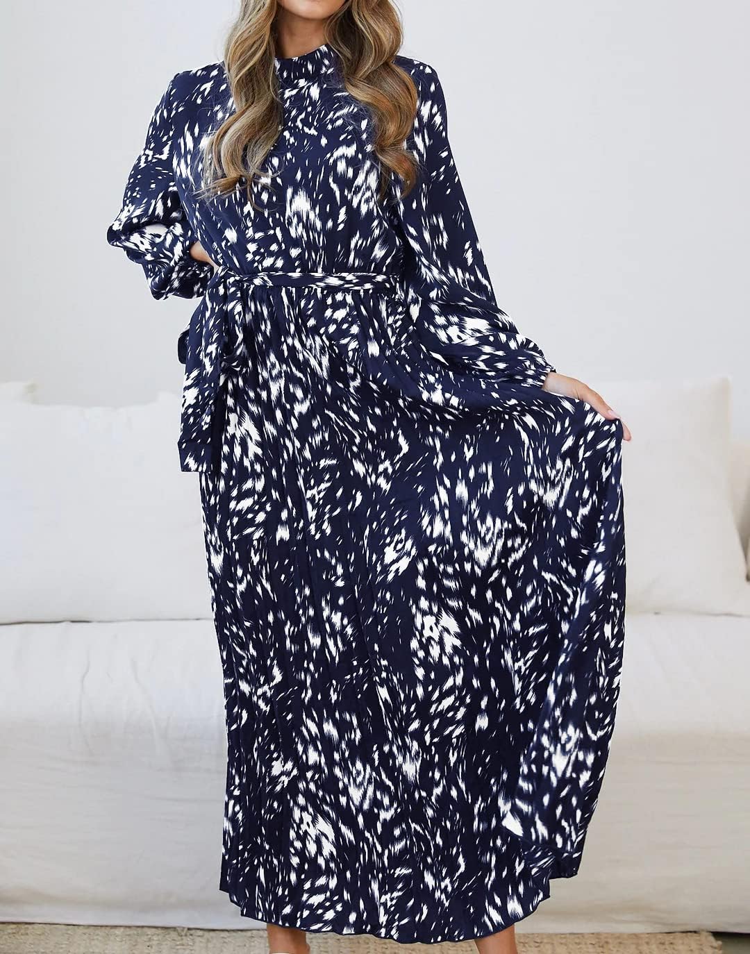 R.Vivimos Fall Dresses for Women Long Sleeve Pleated Casual Mock Neck Elegant Print Maxi Dress with Belt - Image 4