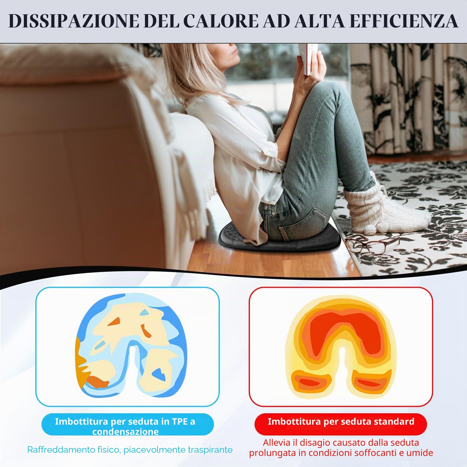 Cuscino in Gel per Sedia con Effetto Freddo 3D, Cuscino Traspirante a Nido d'Ape per Coccige e Lombare, per Auto Camion Ufficio Casa Sedia a Rotelle, 49 x 46 cm (Nero)