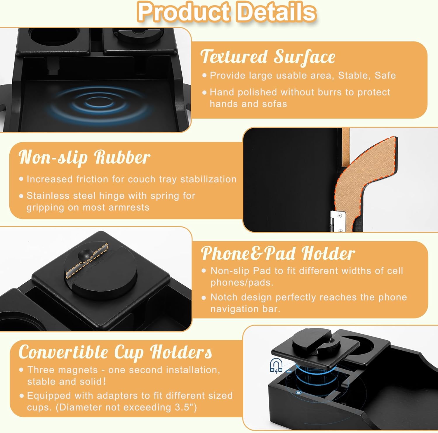 Sofa Arm Tray Table, 4-in-1 Large Couch Armrest Table with Cup Holder & Rotating Phone Bracket, 15.3" x 9.8" Clip-on Couch Tray, for Snacks/Remote Control/Coffee Cup/Mobile Phone