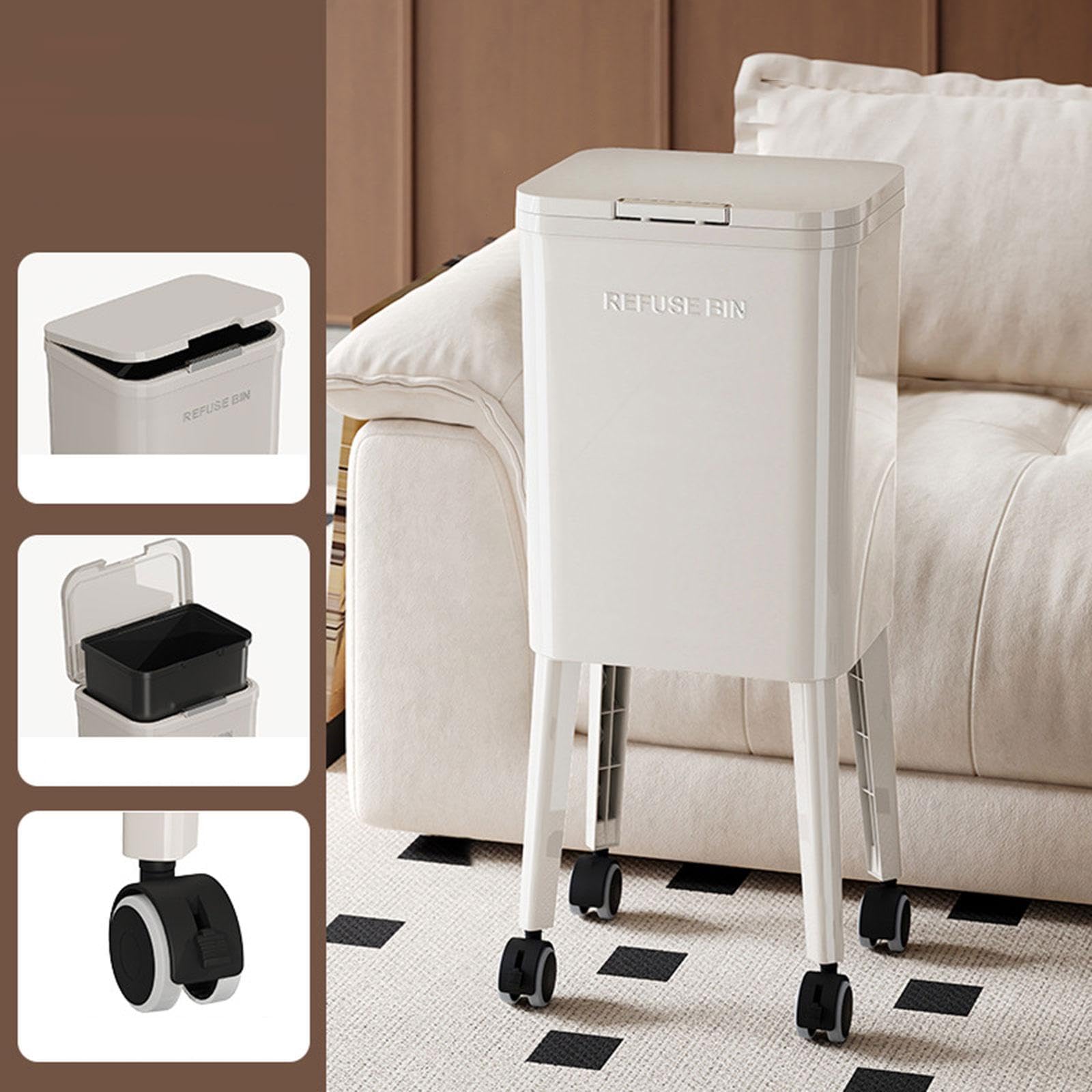 Qianly Basurero Alto de Cocina con Tapa de Presión, 68,5 cm Cubo de Basura Estrecho con Ruedas Giratorias Recipiente Interior Extraíble Y Patas Elevadas Adecuado para Espacios Pequeños, Blanco