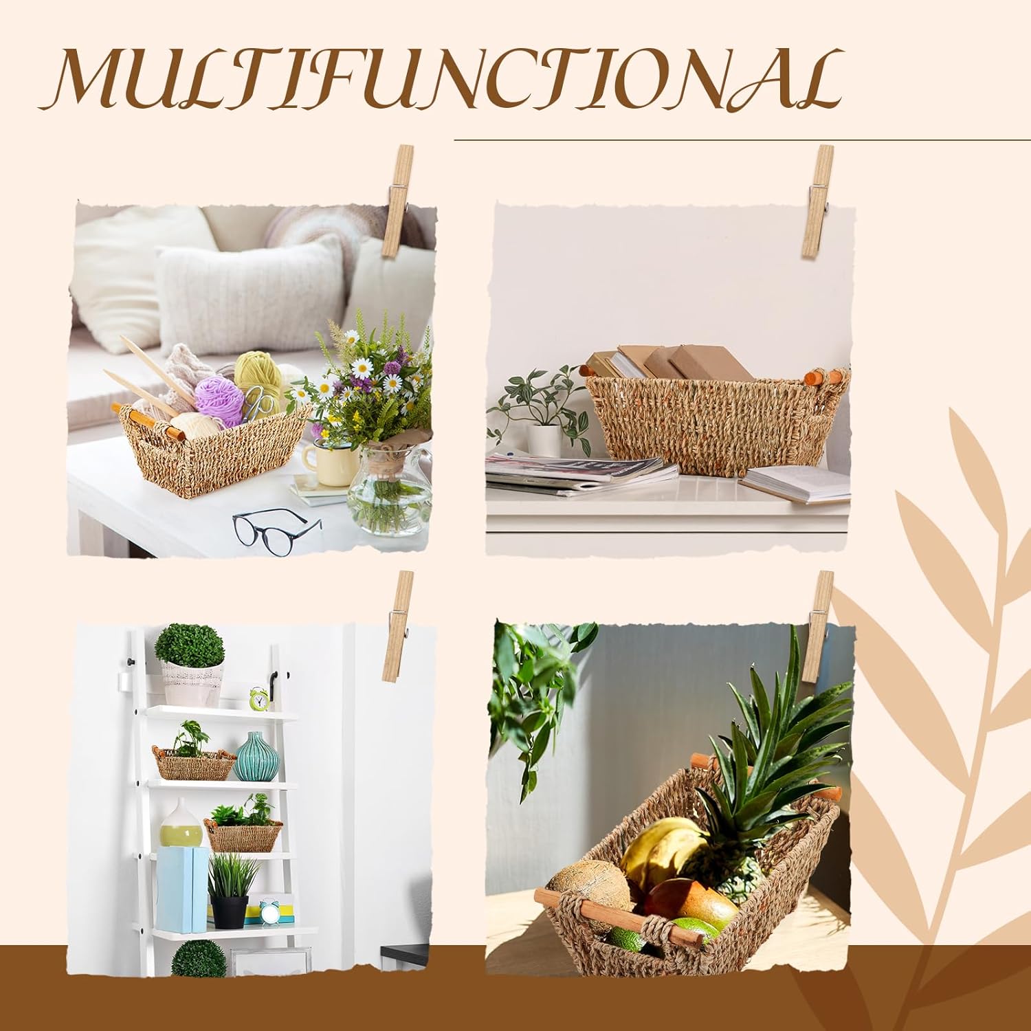 Marsui 6 Pcs Small Hand Woven Wicker Baskets with Wooden Handles, Seagrass Rattan Storage Baskets Bin Organizer Shelf Pantry for Bathroom Storage Towel Kitchen Washroom Gifts Decor, 9" x 6" x 4"