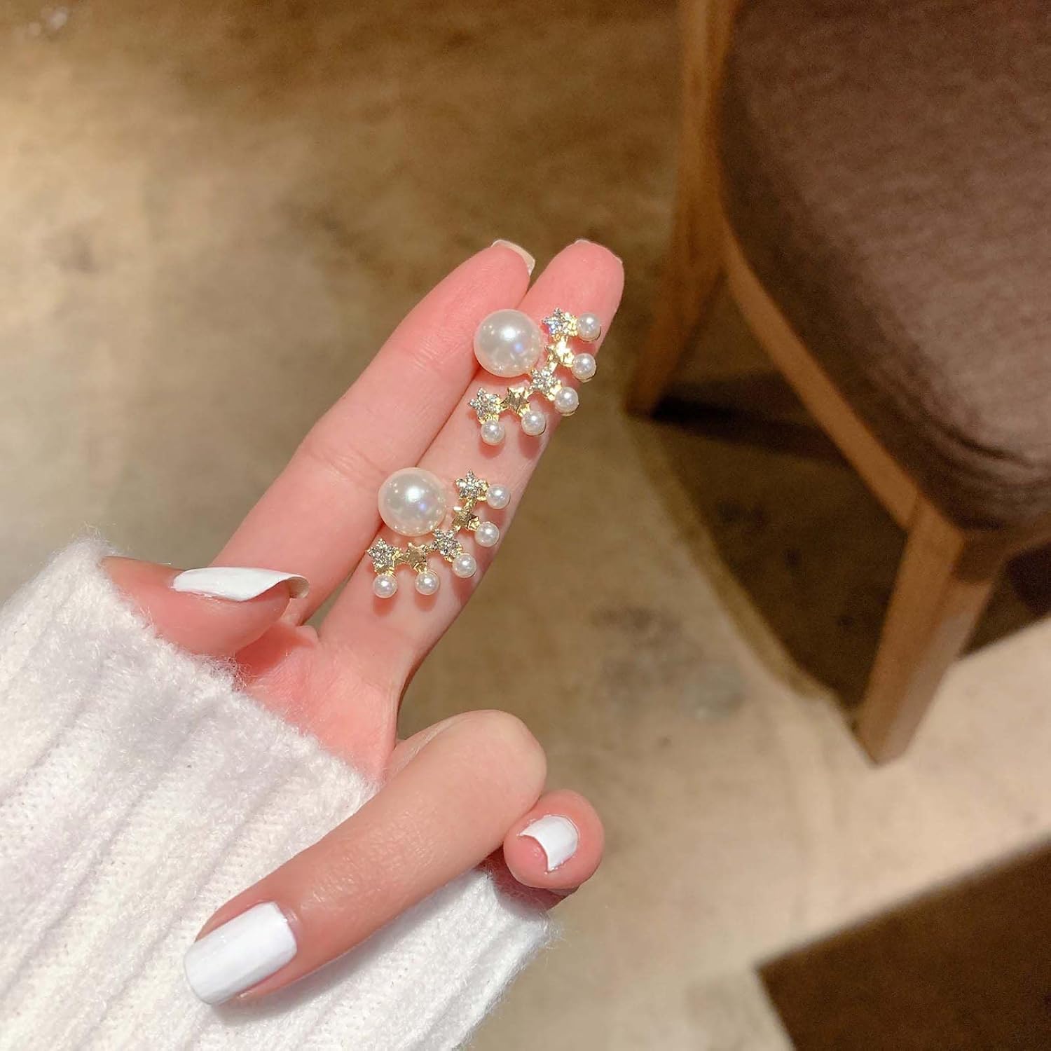 YienDoo Vintage Pearl Dangle Earrings Gold Pearl Drop Earrings Stud Rhinestone Star Drop Earrings Statement Pearl Star Cluster Earrings Wedding Bridal Pearl Earrings Jewelry for Women - Image 5