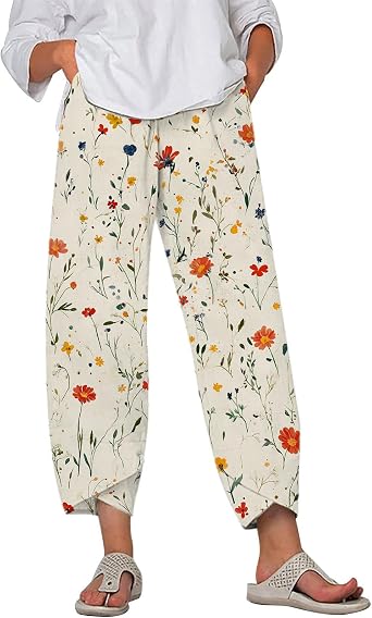 Boho Floral Printed Cotton Linen Pants for Women 2025 Summer Capri Wide Leg Comfy Palazzo Trousers with Pockets