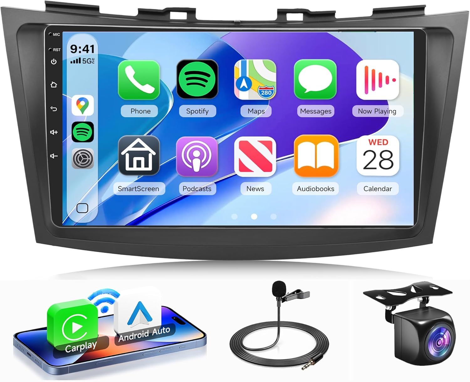 Rimoody Android Car Stereo unit with included microphone and backup camera.
