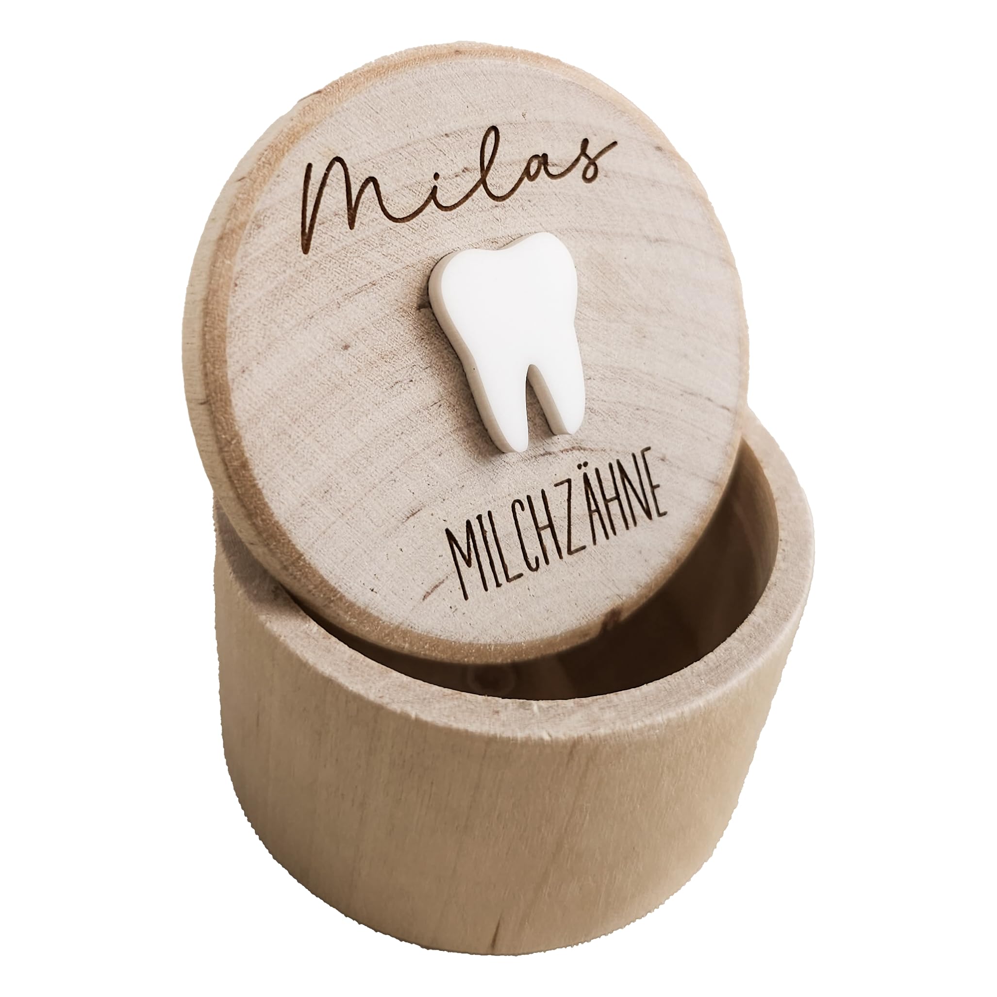 Milchzahndose Zahndose aus Holz - mit Namen personalisiert - hochwertig graviert - tolle Erinnerung an die ersten Zähnchen - 3D Effekt durch weißen Zahn aus Acryl