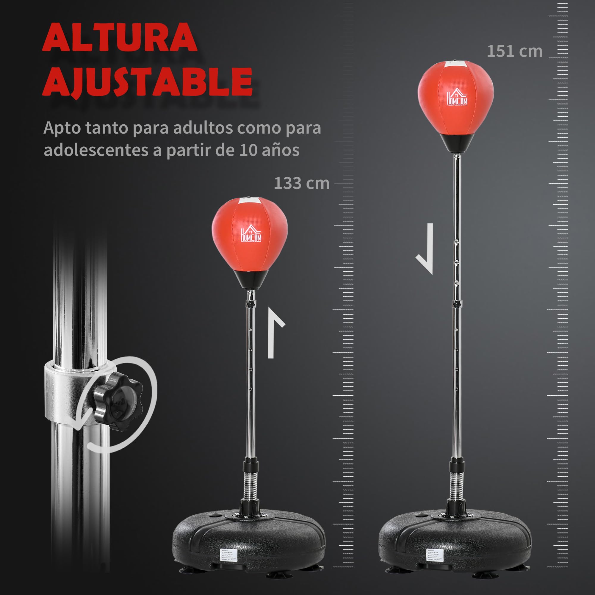HOMCOM Saco de Boxeo de Pie con Altura Ajustable en 4 Niveles de 133-151 cm, Saco de Boxeo con Base Rellenable, Guantes e Inflador, para Adultos y Adolescentes