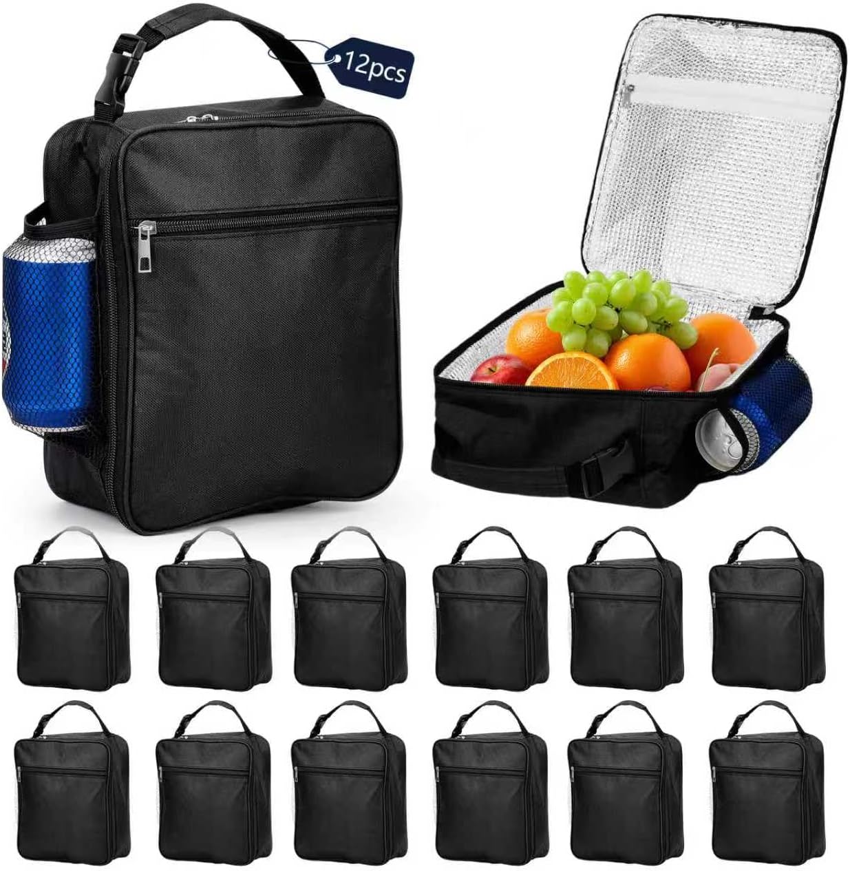 12 Pcs Lunch Bag for Men Women Bulk, Insulated Lunch Box Leakproof Cooler Tote, Reusable Soft Bag with Shoulder Strap for Work, Picnic, Beach & Travel
