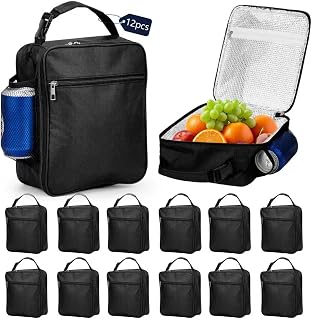 12 Pack Lunch Box Bulk - Reusable Lunch Bag Men Adult Women- Insulated Small LunchBox, Black, Small Lunch Tote Bag for Office,Work,Travel 9.09" x 3.78" x 10.3"