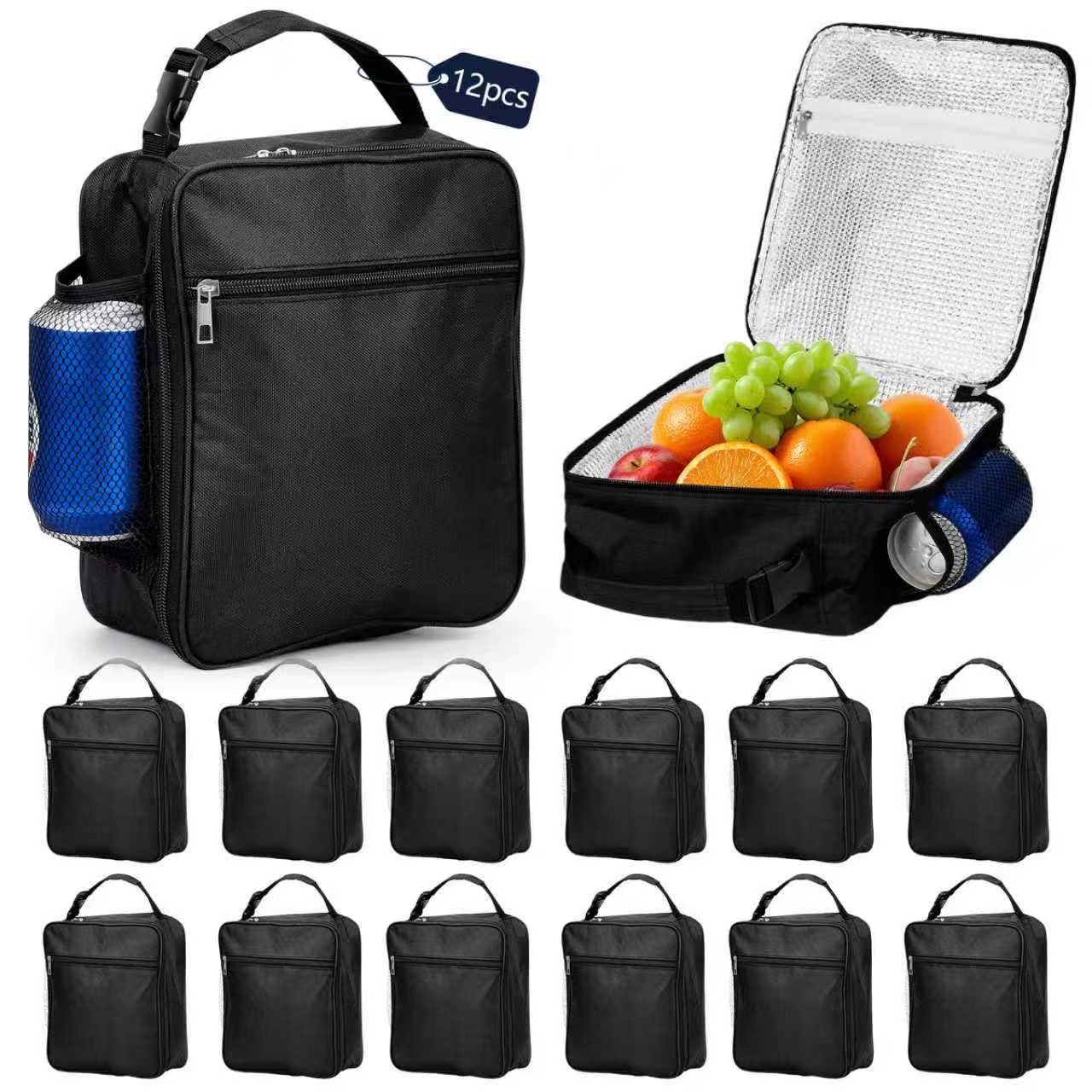 12 Pack Lunch Box Bulk - Reusable Lunch Bag Men Adult Women- Insulated Small LunchBox Black Small Lunch