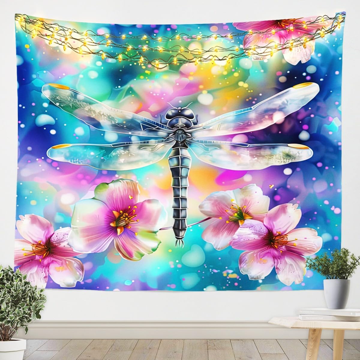 Erosebridal Dragonfly Tapestries Pink Rose Tapestry Dragonfly Garden Decor,Rustic Floral Wall Hangings Art Dragonfly Graduation Gifts,Aesthetic Animal Farmhouse Decor Dragonflies Gifts for Women