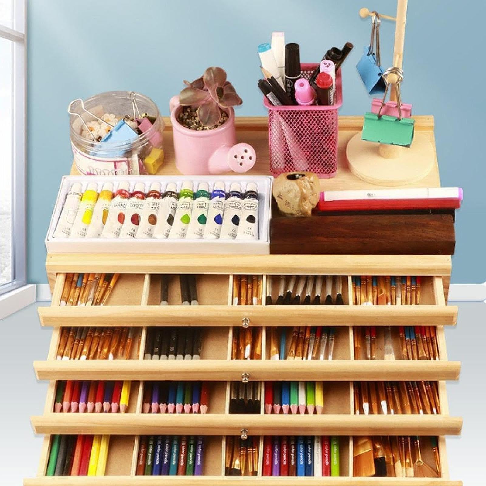 Künstlerbedarf Aufbewahrungsbox Organizer Holz Schubladen Pastellstifte Marker Pinsel Box Tragbar Vielfältige Kompartimente für Malstudium Atelier