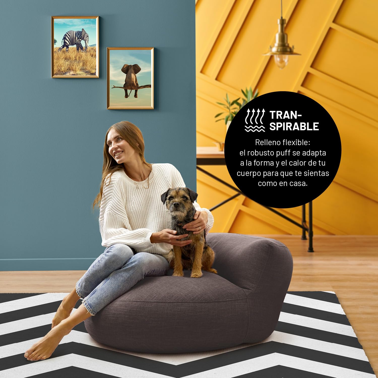 Lumaland Sofá Puff Redondo Grande 320l con Respaldo & Relleno Incluido - Sillón Relax de Lino para Interior - Mueble Ideal para Salón y Habitación - 90 x 50 cm/Marrón