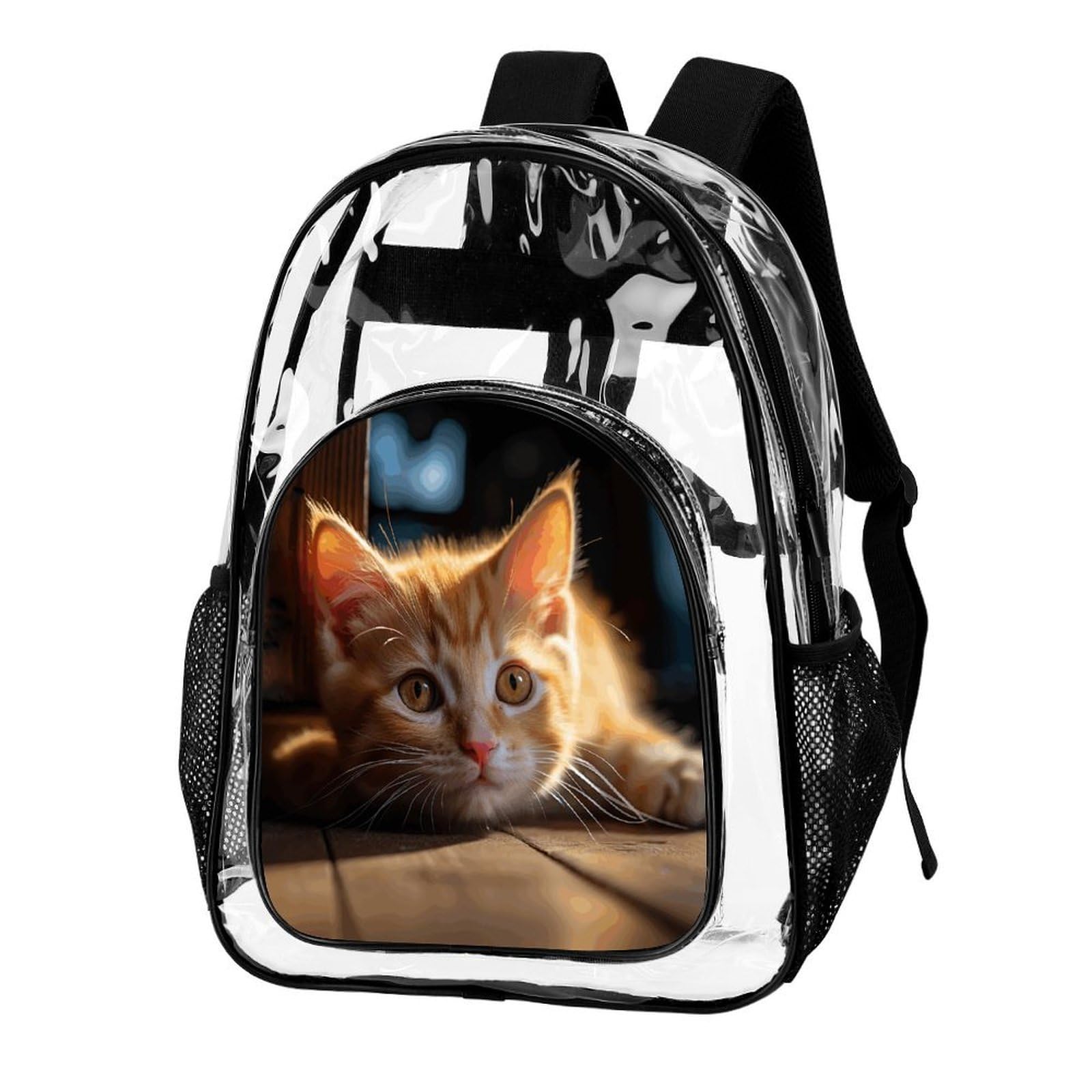 Piccolo zaino trasparente con gatto arancione, grande, in PVC trasparente, per sicurezza, lavoro, viaggi, stadio