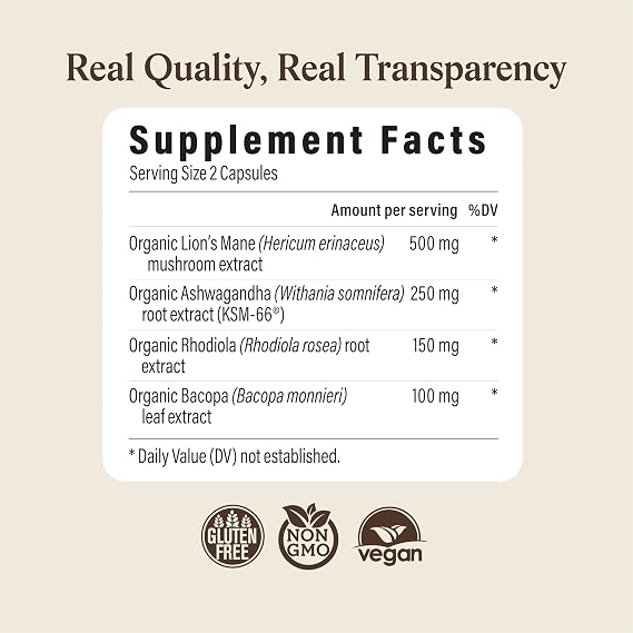 Real Mushrooms RealClarity Capsules Lions Mane, KSM-66 Ashwagandha, Rhodiola & Bacopa Mental Sharpness, Alertness. & Adaptogenic Support Vegan, Non-GMO 60 Count Mushroom Supplement