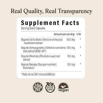 Real Mushrooms RealClarity Capsules Lions Mane, KSM-66 Ashwagandha, Rhodiola & Bacopa Mental Sharpness, Alertness. & Adaptogenic Support Vegan, Non-GMO 60 Count Mushroom Supplement