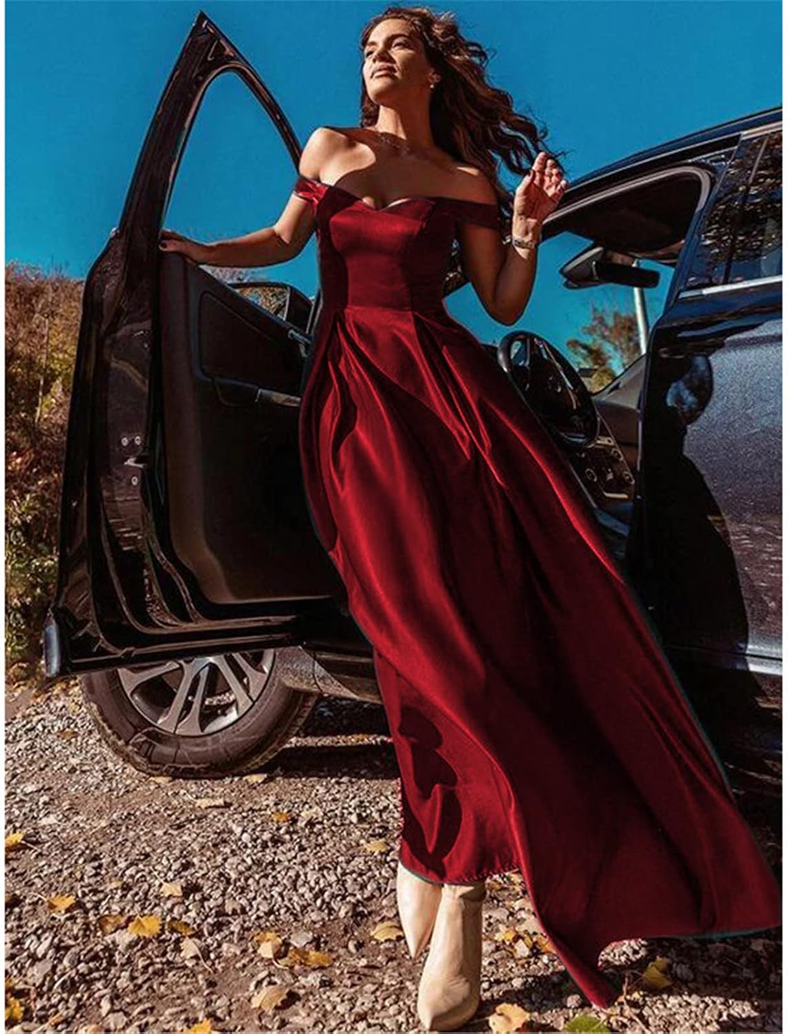 Resnan Ladies Sleeveless V Neck One Shoulder Solid Color Evening Dress Retro Long Dress Floor Length Stretch Cocktail Dress