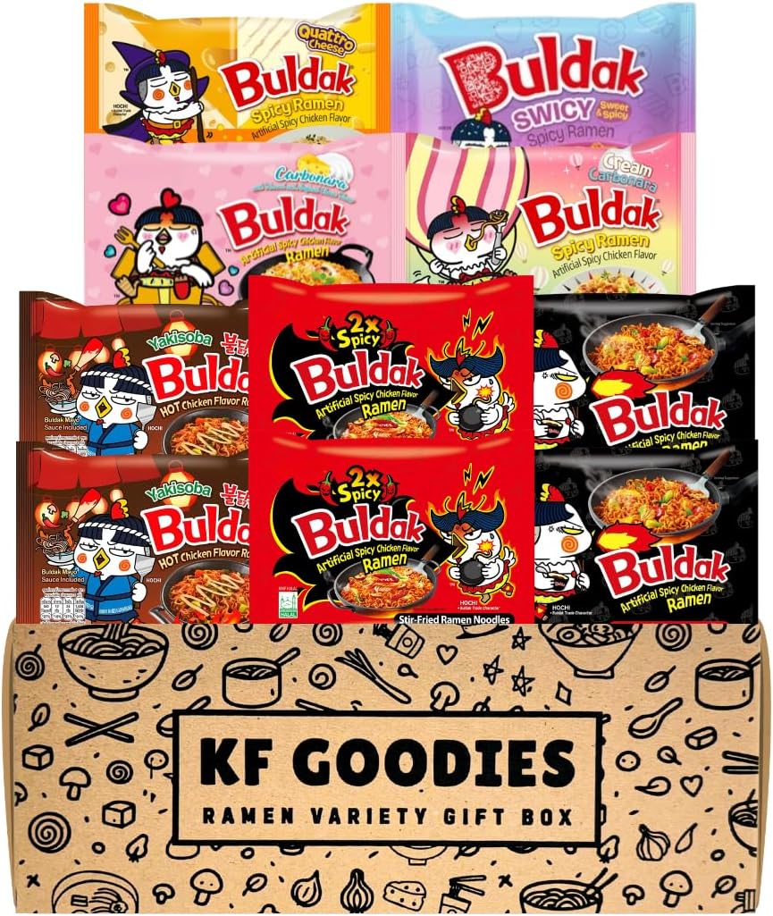 Korean Ramen Variety Pack Gift Box (10 Count) – Spicy Buldak Noodle Assortment for Birthdays, College Care Packages, Office Snacks, and Gift Baskets