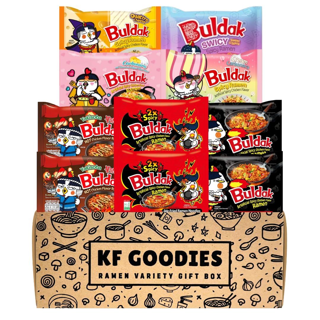 KF GOODIES Korean Ramen Variety Pack Gift Box (10 Count) – Spicy Buldak Noodle Assortment for Birthdays, College Care Packages, Office Snacks, and Gift Baskets