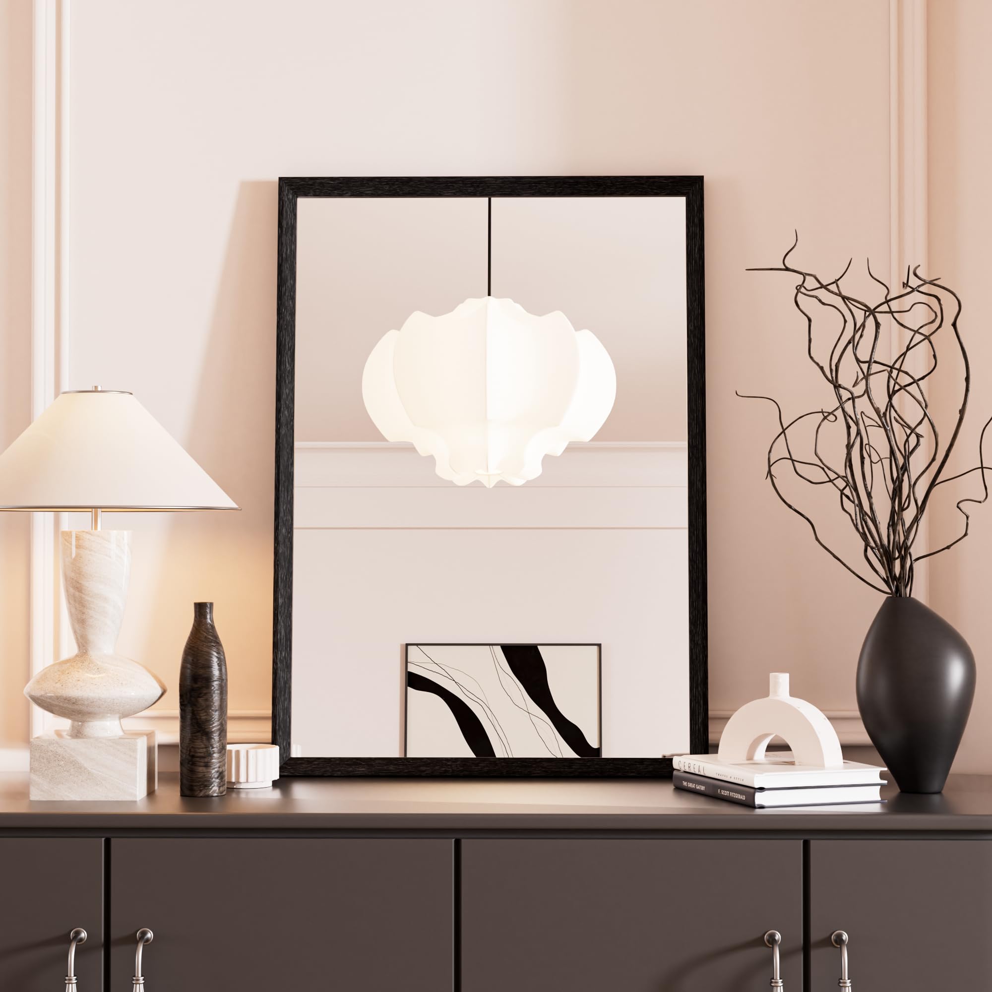 Snowdool Black Frame Wall Mounted Mirror, 50x70cm Rectangular Bathroom Mirror, Farmhouse Hallway With Tempered Glass, Hangs Horizontal or Vertical Decorative for Living Room, Bedroom, Dressing Room