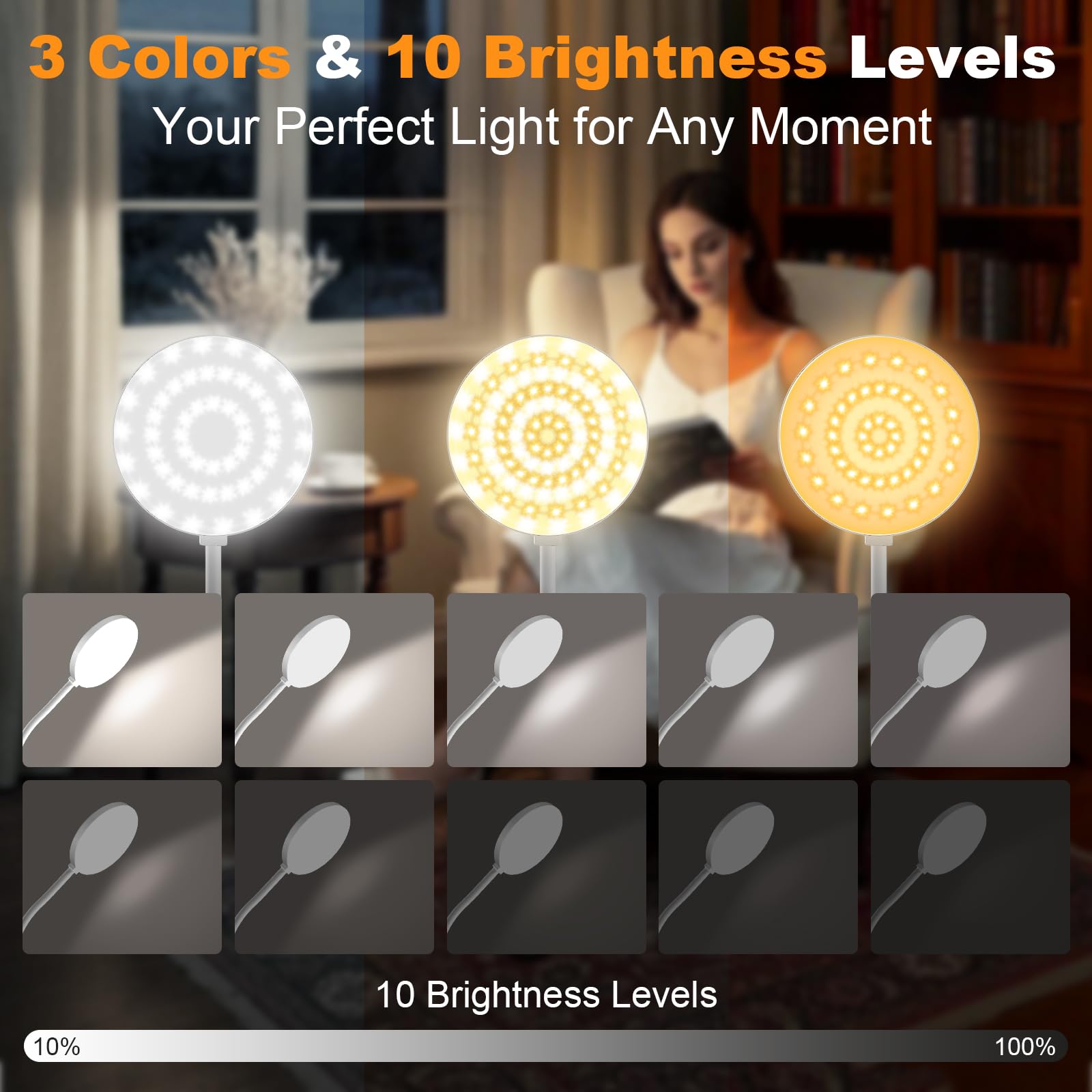 ZAPLIT 97 LED Lampada da Lettura a Clip Ricaricabile USB-C – 3 Temperature Colore & 10 Luminosità, 2000mAh, Collo Flessibile 40cm, per Camera da Letto, Scrivania e Campeggio