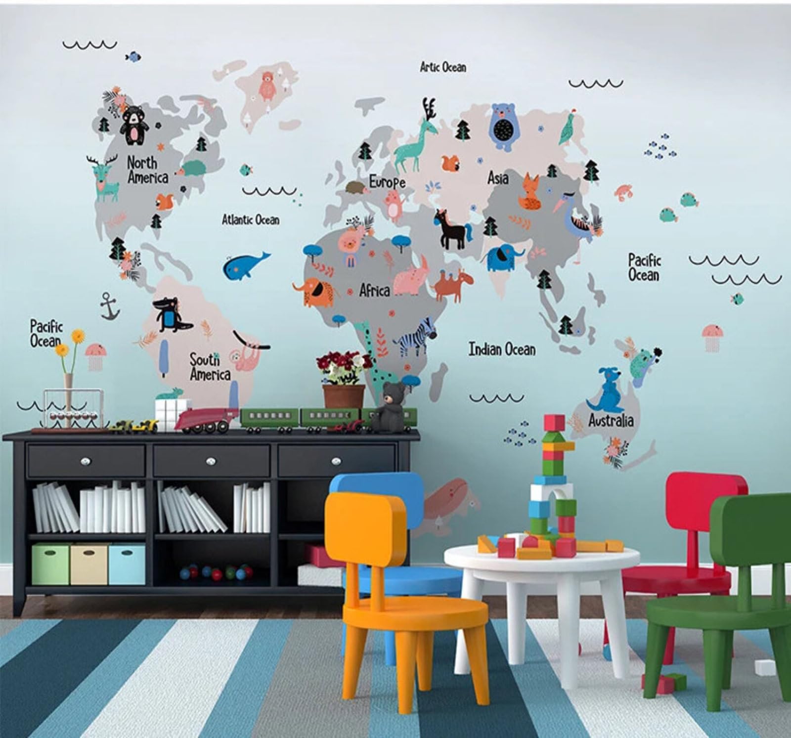 Tzxztt Cartoon Abstract Fresh World Map Animals Modern 3D Wallpaper Premium Textured Silk Neutral Tones Material Ideal for Living Room Bedroom-400cm×280cm
