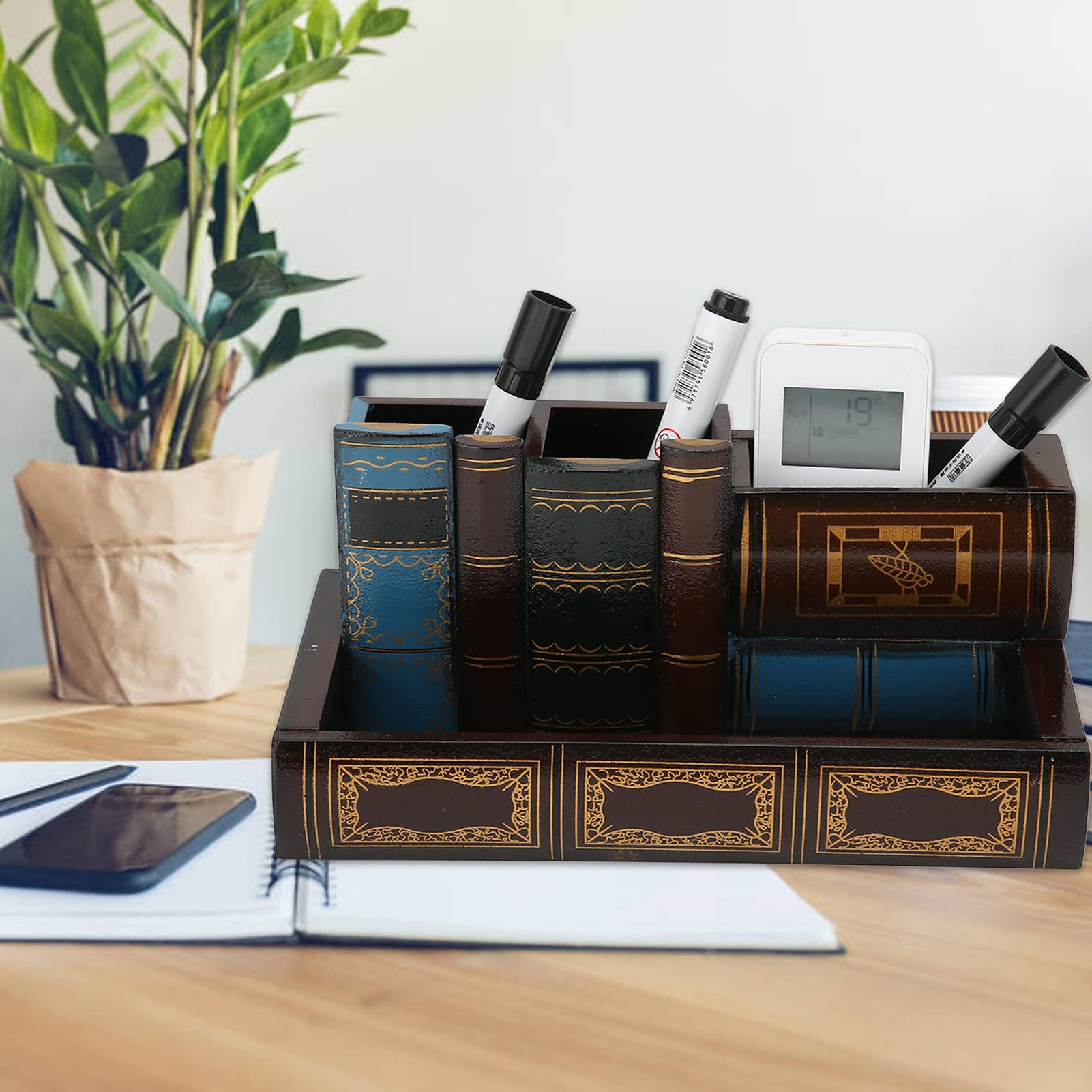 Pencil Holder Pot, Retro Pen Desk Organizer Wooden False Book Storage Box Jewelry Box Desk Pencil Holder Stand - Image 4