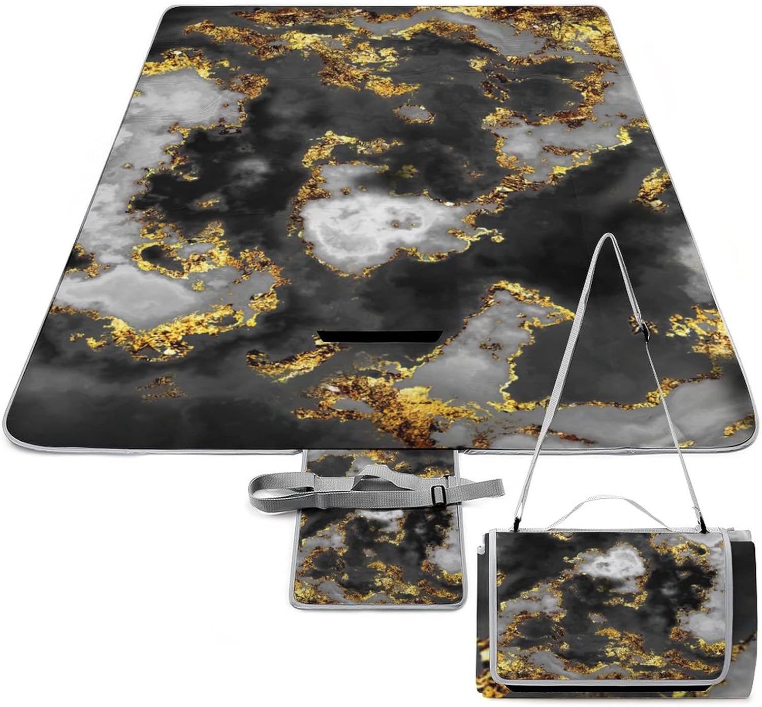 Black Marble Black Adults Lightweight Waterproof Picnic Blanket Grey Gold Abstract Art for Outdoor Beach Hiking Camping on Grass Waterproof Sandproof 58.3x58.3 Inch