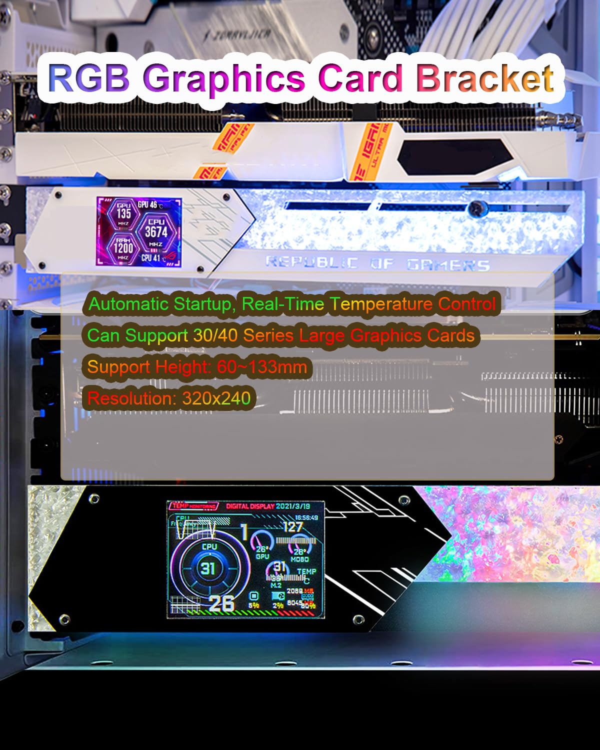 Supporto per Scheda Grafica RGB, Supporto per Gpu con Display da 2,2 Pollici, Risoluzione 320 * 240, Supporto per Scheda Grafica Serie 30/40, per Appassionati di Esport Fai da Te Black