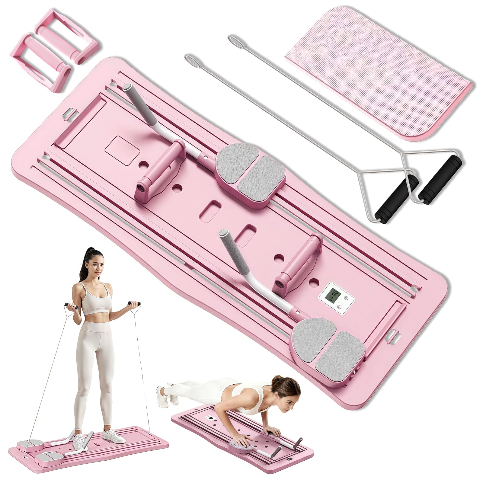 Roadtime Reformateur Pilates 6 en 1 Amélioré Pliable Ensemble et minuteur,Compact de Plateau Pilates pour la Protection des Genoux et Entraîneur Multifonctionnel,Planche Abdominale avec Rebond Rose