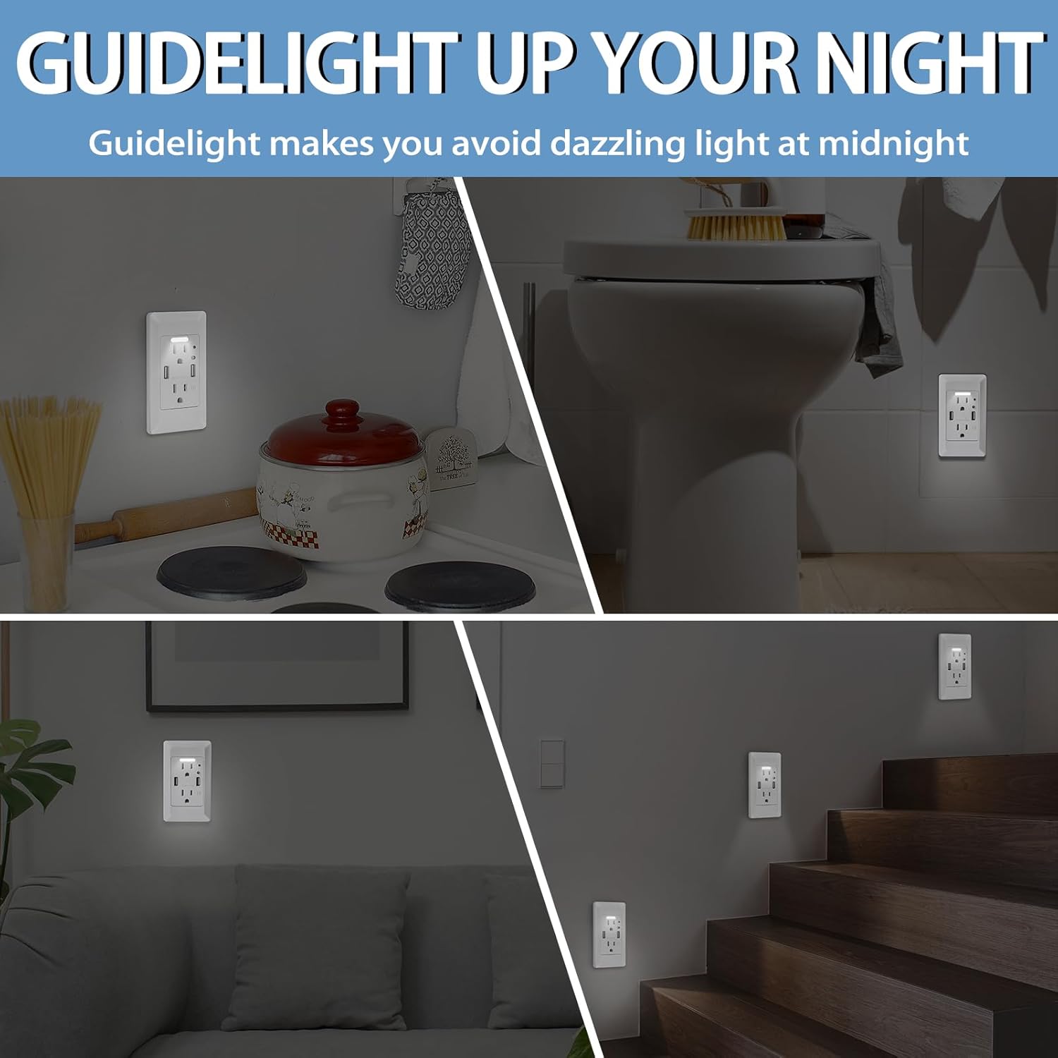 USB Outlet with Nightlight,GreenCycle 15 Amp Electrical Outlet Guide Light,4.2A High Speed Duplex Receptacle Electrical AC Wall Sockets, Auto Nightlight Sensor and Wall Plates (White,2 Pack)