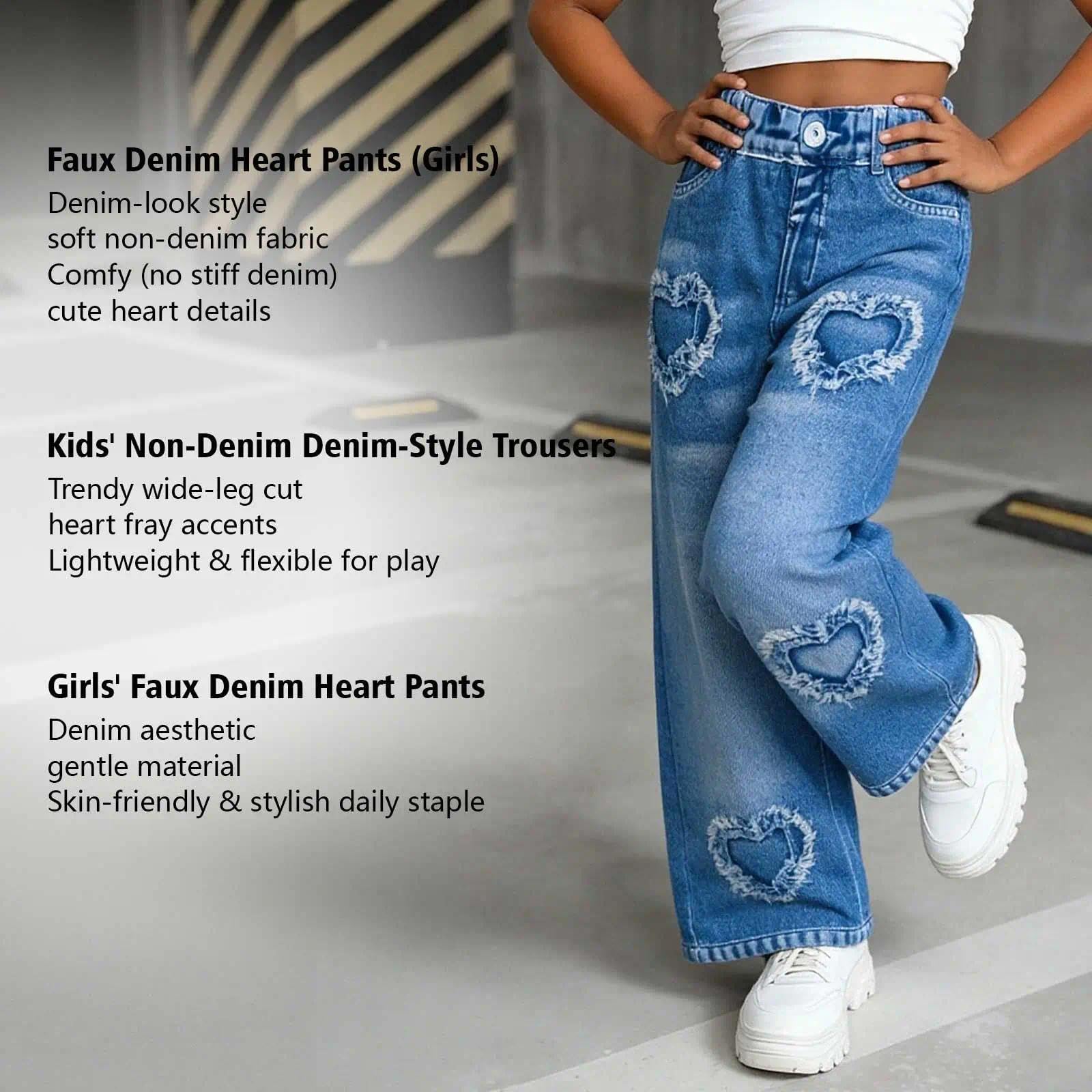 Pantalones capri de pierna ancha con aspecto de mezclilla para niñas, cintura elástica, corte de corazón, pantalones de mezclilla para la escuela — view 5
