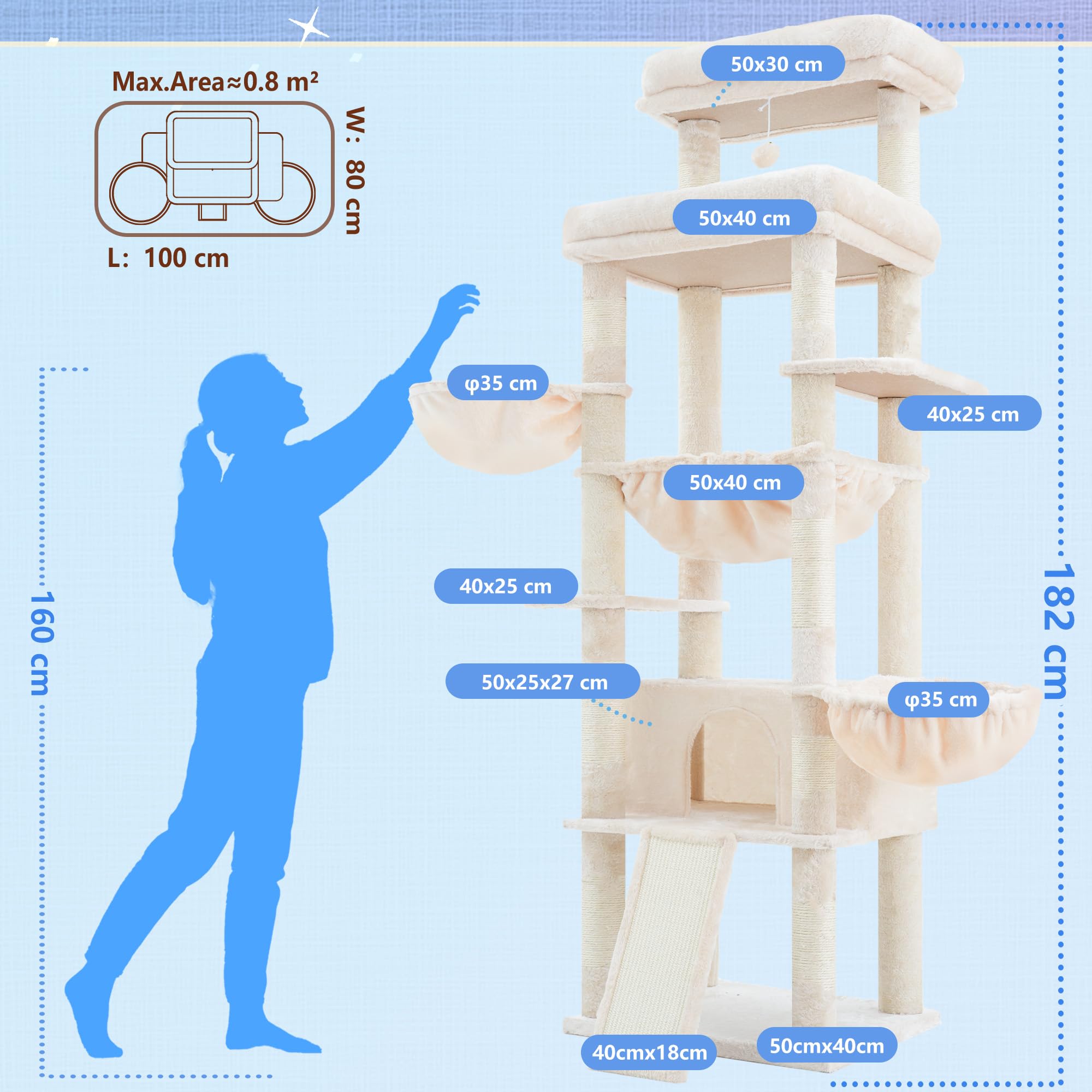 Hey-brother Tiragraffi per Gatti, con Amaca, Cuccia, 2 Piattaforme, MPJ80M | 180cm Albero per Gatti, 2 Ceste, Rampa graffiante, Pompon, Ideale per più gatti da interno, Beige