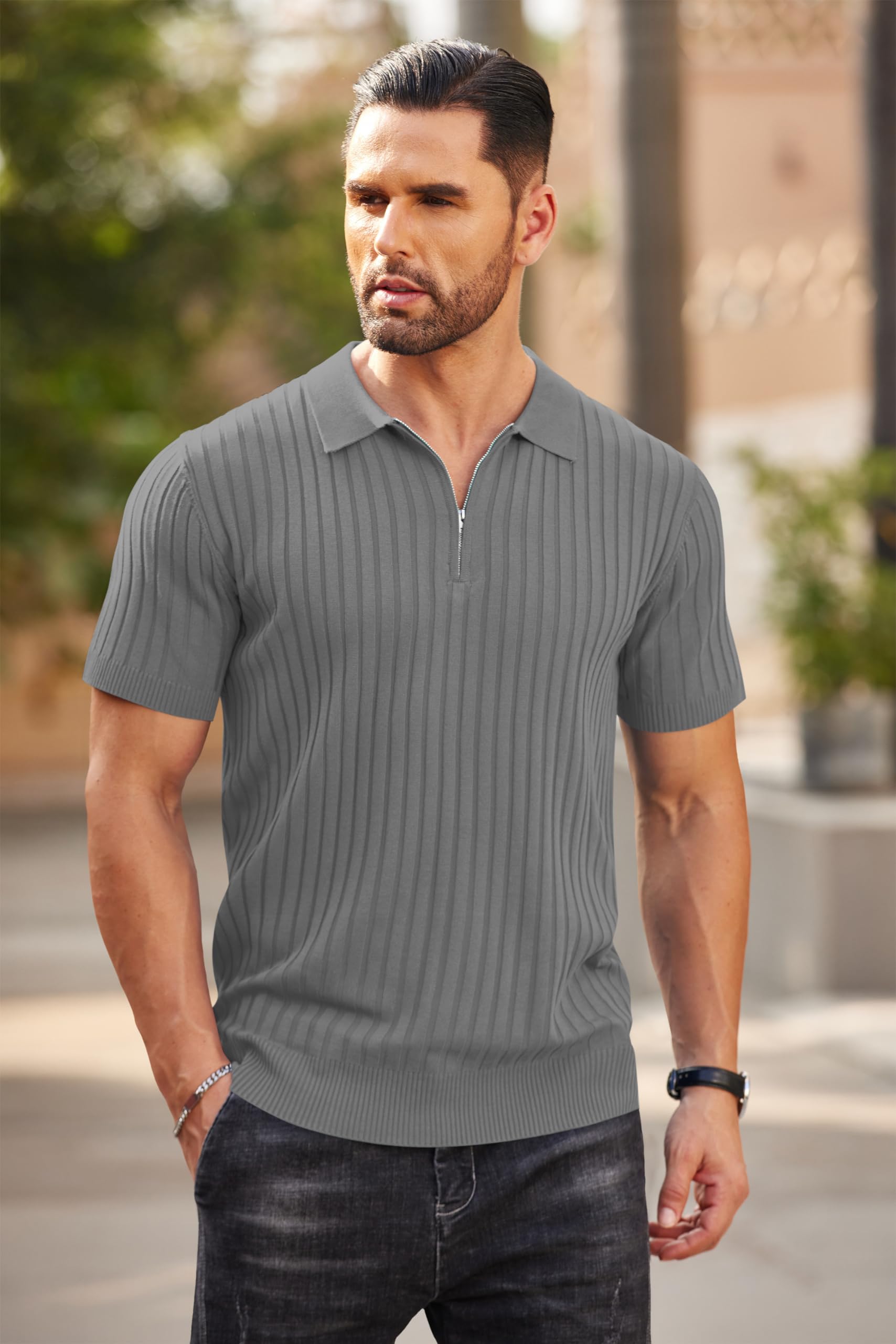 COOFANDY Męska koszulka polo z zamkiem błyskawicznym letnia koszulka polo z krótkim rękawem w paski elastyczna koszulka polo golf casual koszulka polo