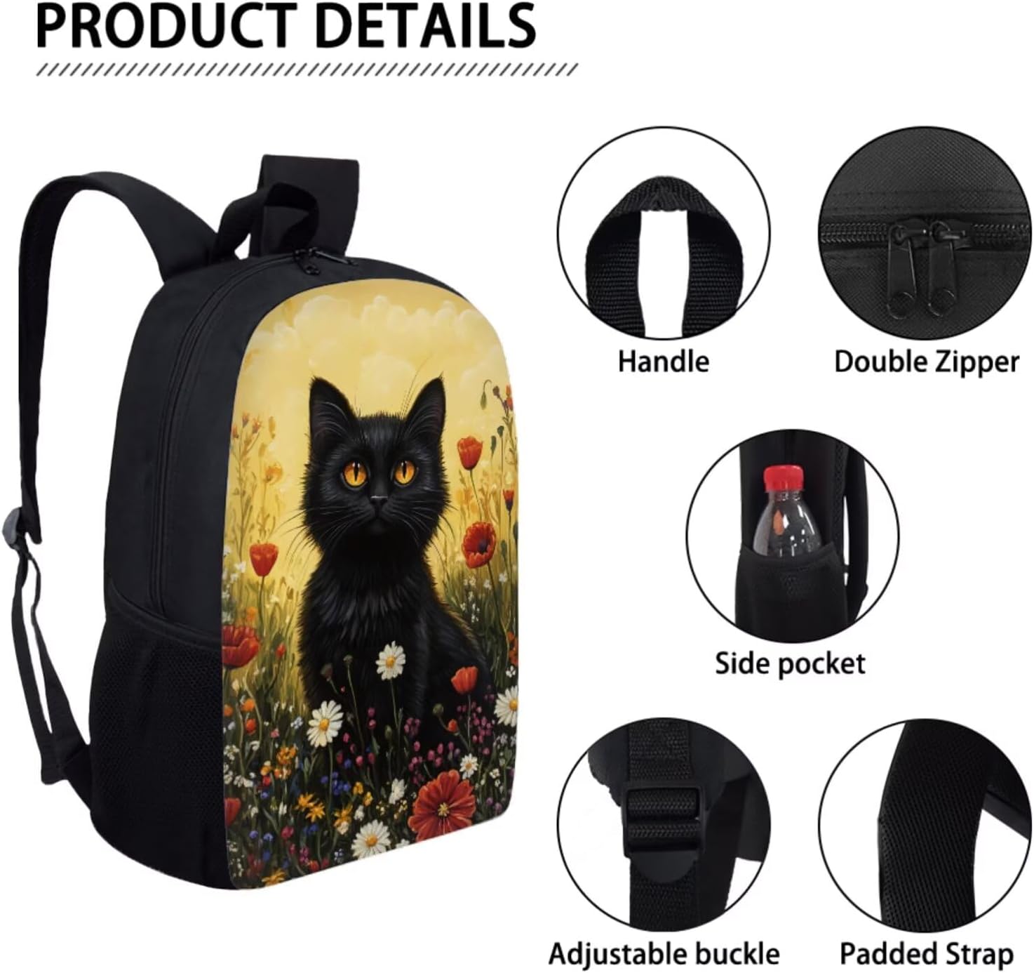 Cute Floral Girls Backpacks Ages 4-6 Cat Kids School Bag Girls with Pencil Case Set Lightweight 3 Piece Kids Book Bag and Lunch Box Set for Preschool Kindergarden Travel Daypack Rucksack