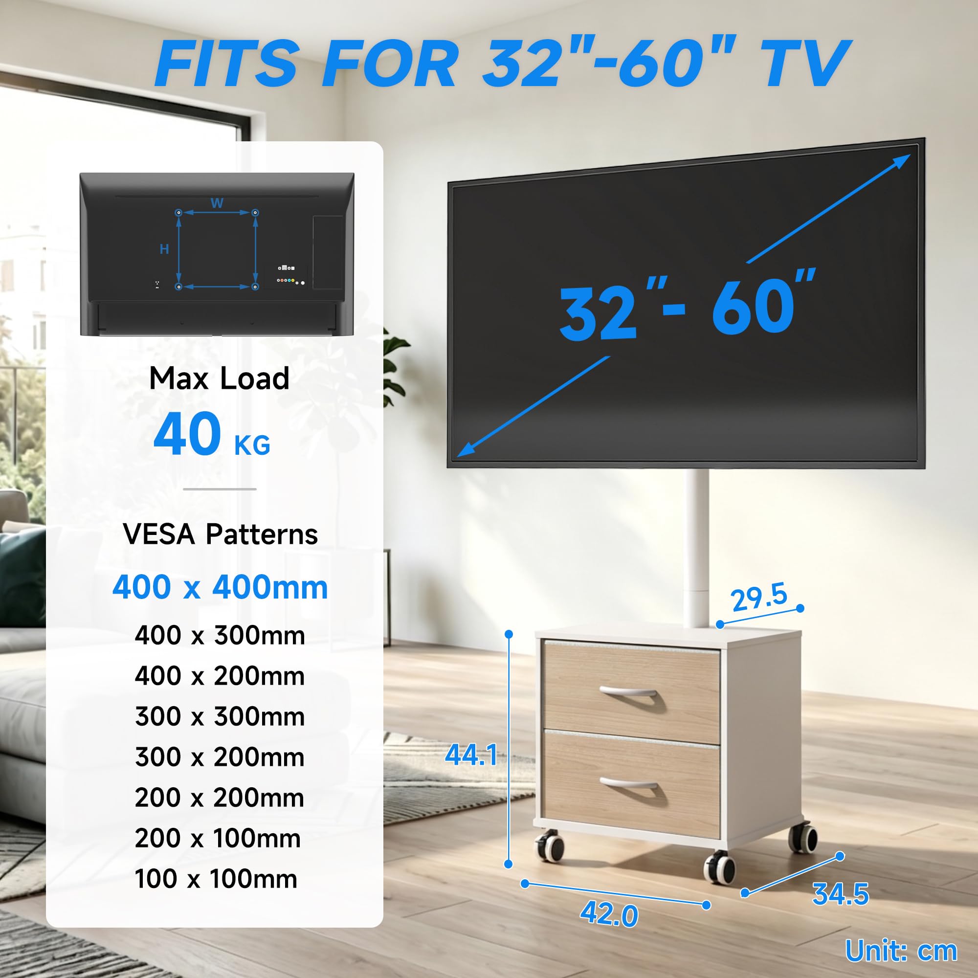 5Rcom Supporto TV bianco su ruote per TV LED LCD OLED al plasma da 32-60 pollici, mobile TV piatto curvo regolabile in altezza con staffa fino a 40 kg, supporto mobile per TV con cassetti max VESA 400