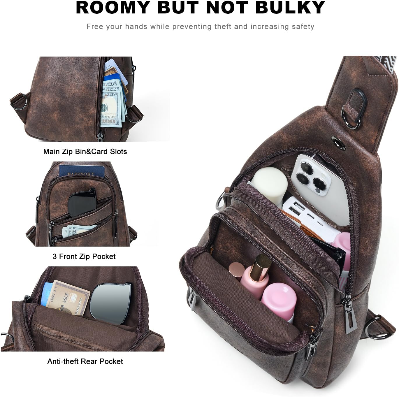Leresas 7L Crossboydy Sling Bag for Women Vegan Leather Crossbody Purse Fanny Pack Chest Bag for Travel,Coffee