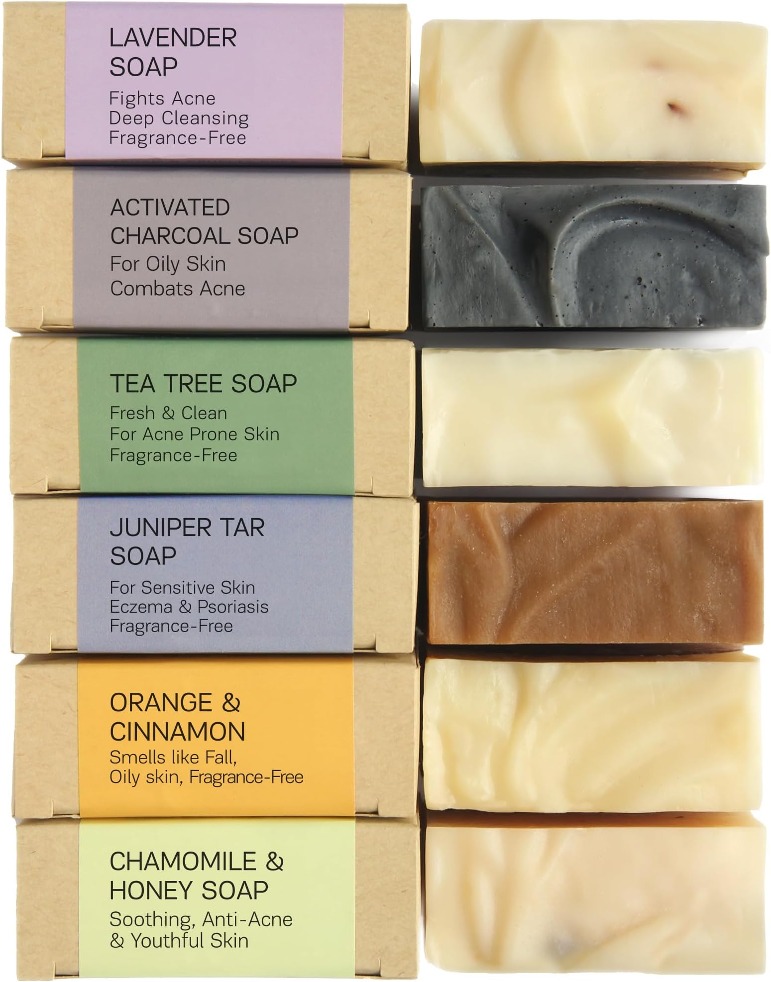 AUTHENTIC BATH & SOAP Natural Bar Soap Set for Oily Skin โ Handmade, Acne Oil Control, Odor-Fighting (6-Pack): Tea Tree, Pine Tar, Orange & Cinnamon, Lavender, Activated Charcoal, Honey & Chamomile