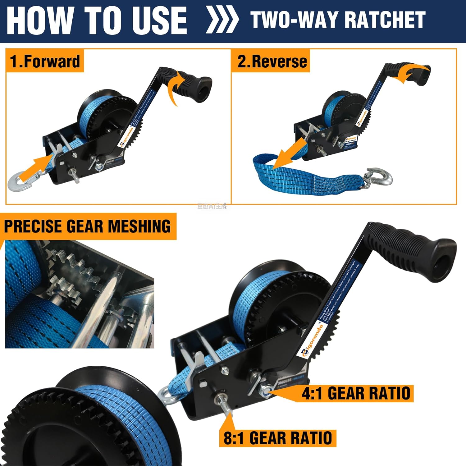 Heavy Duty Boat Trailer Winch 3500LBS, 2-Way Ratchet with 4:1/8:1 Gear,Boat Trailer Winch with 33FT Strap, Portable Hand Crank Winch for Boat, Trailer,Truck, ATV, RV, Jet Ski