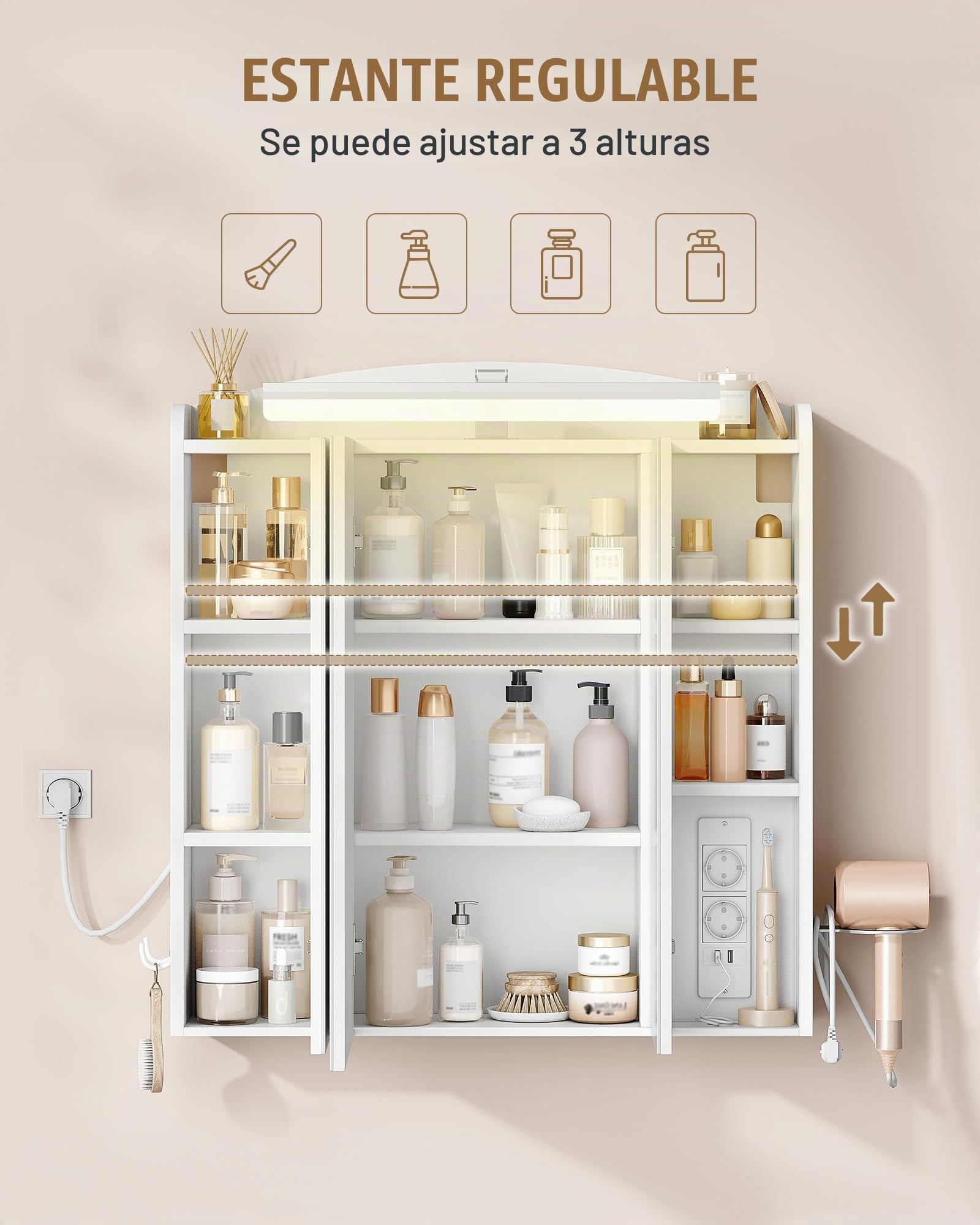 Hzuaneri Armario de Baño, con Espejo y Luz LED, 2 Enchufes CA + 2 USB, Mueble Espejo de Pared con Interruptor y Enchufe, Soporte para Secador de Pelo, Ganchos, Estantes Ajustables, Blanco MC00603XEU