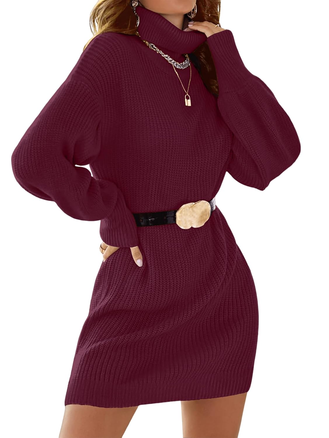 SunnyMelody Womens Turtleneck Sweater Dress Fall Winter 2025 Trendy Long Lantern Sleeve Casual Knit Pullover Mini Dresses